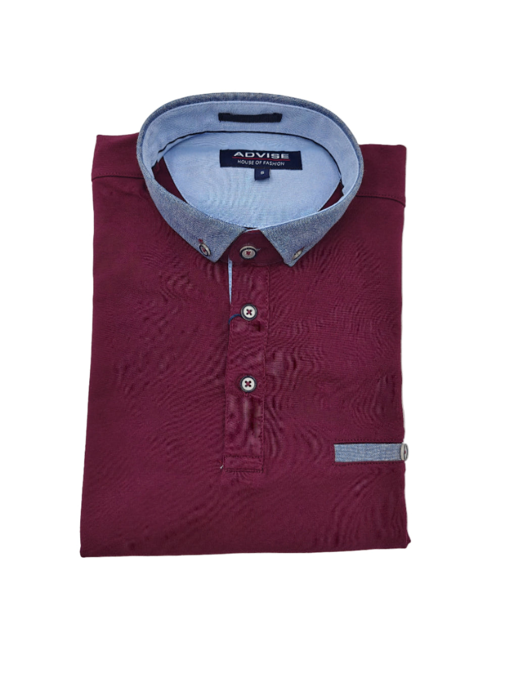 Folded maroon polo shirt with light blue collar on a white background
