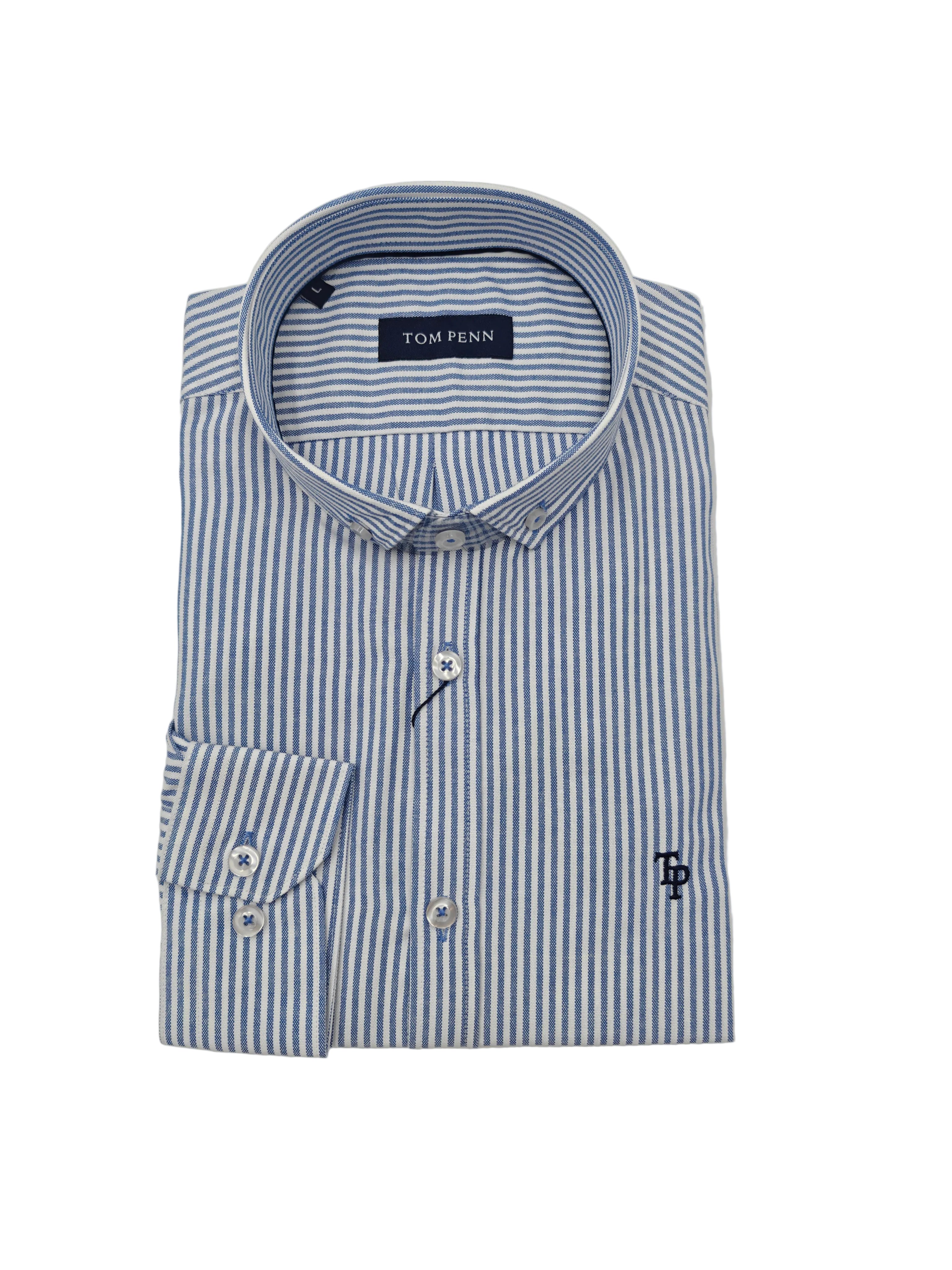 Front detail of Tom Penn men’s blue striped shirt with button cuffs and pearlescent buttons