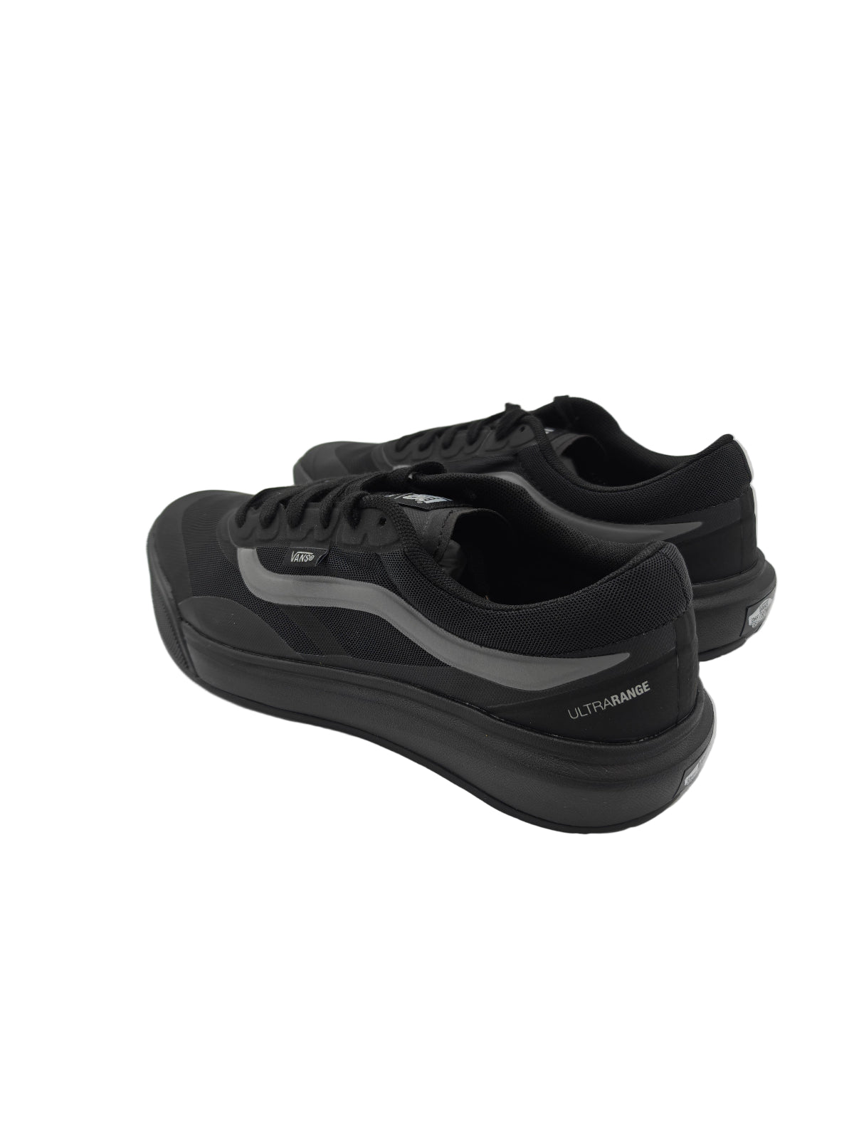 Black athletic shoes with gray accents on a white background