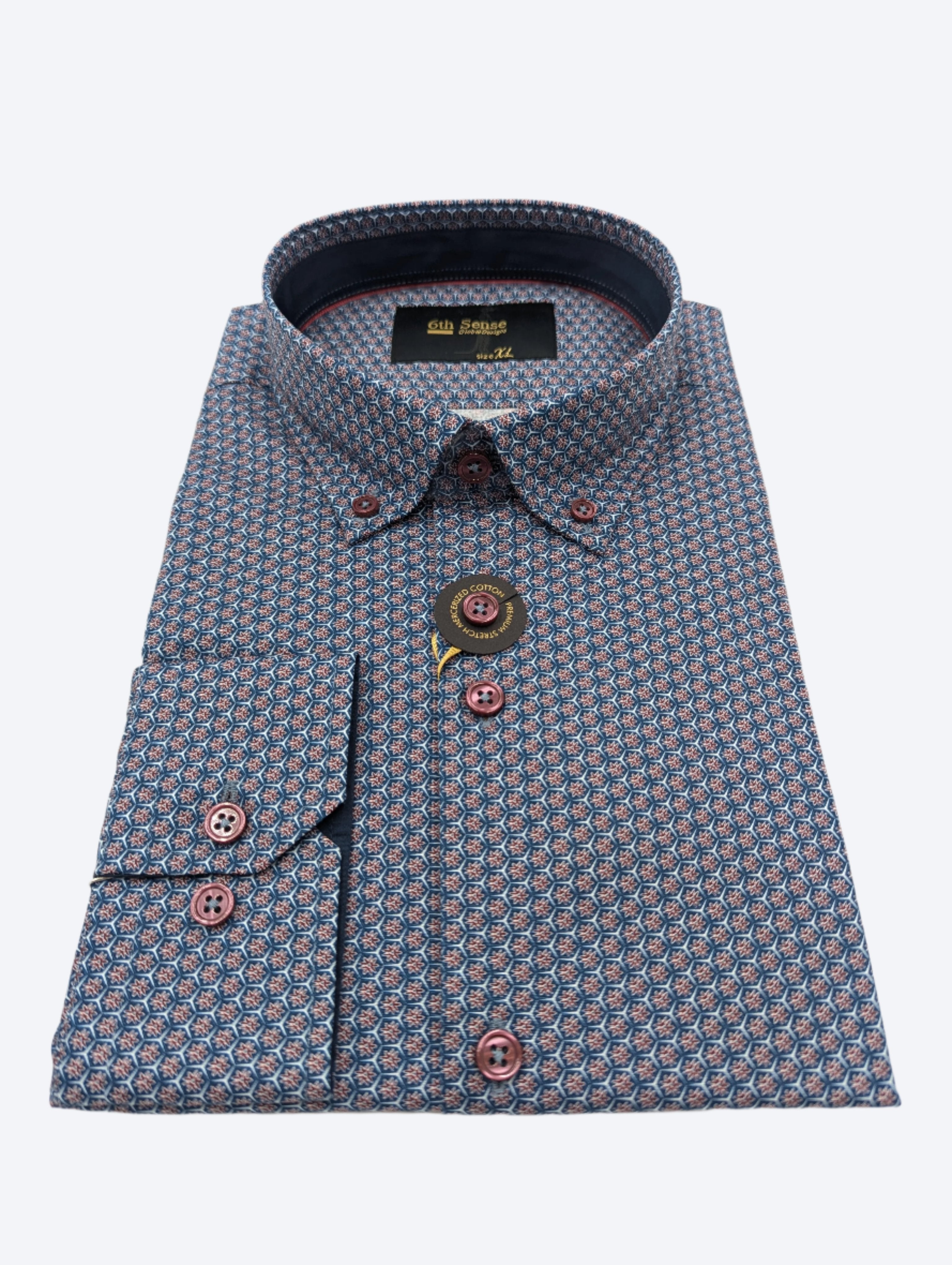 6TH SENSE Button Down Navy Burgundy Shirt Navy Burgundy model front view