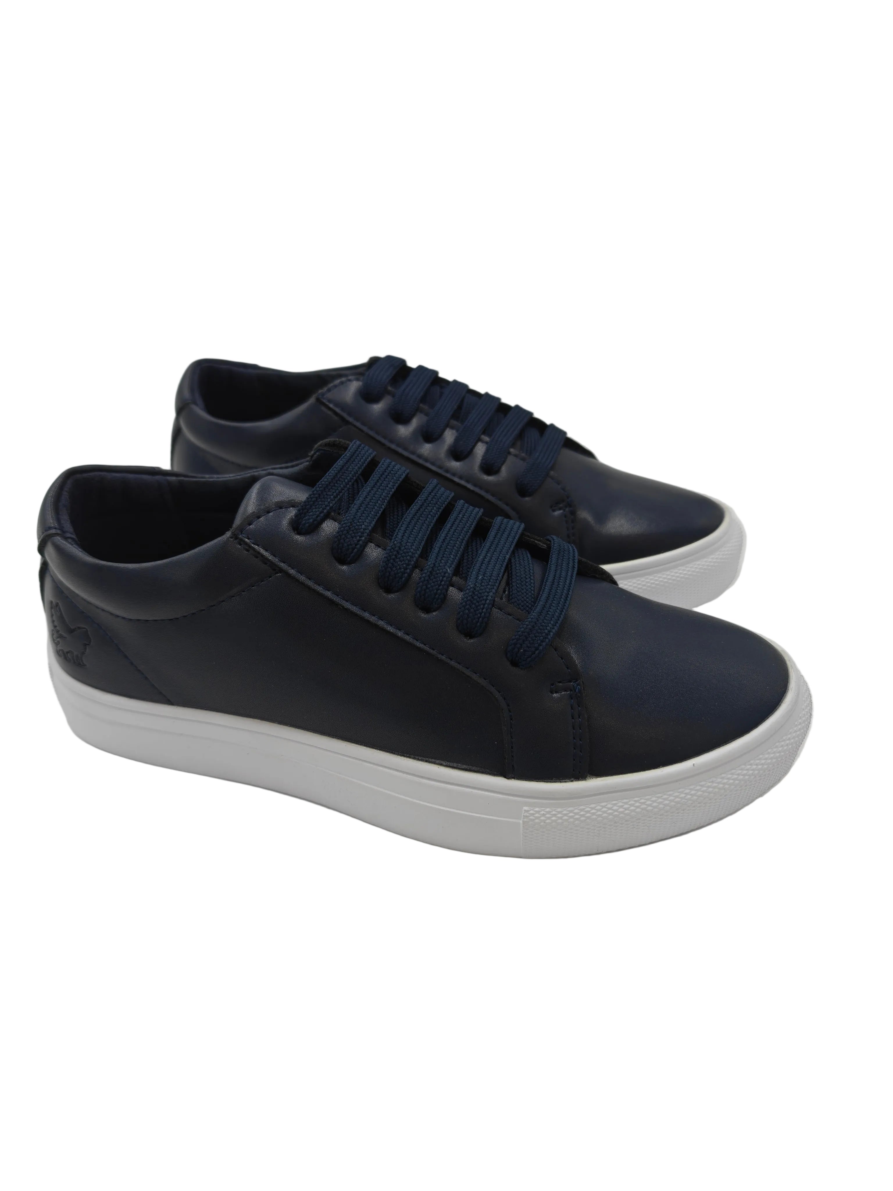 Pair of navy blue sneakers with white soles on a white background