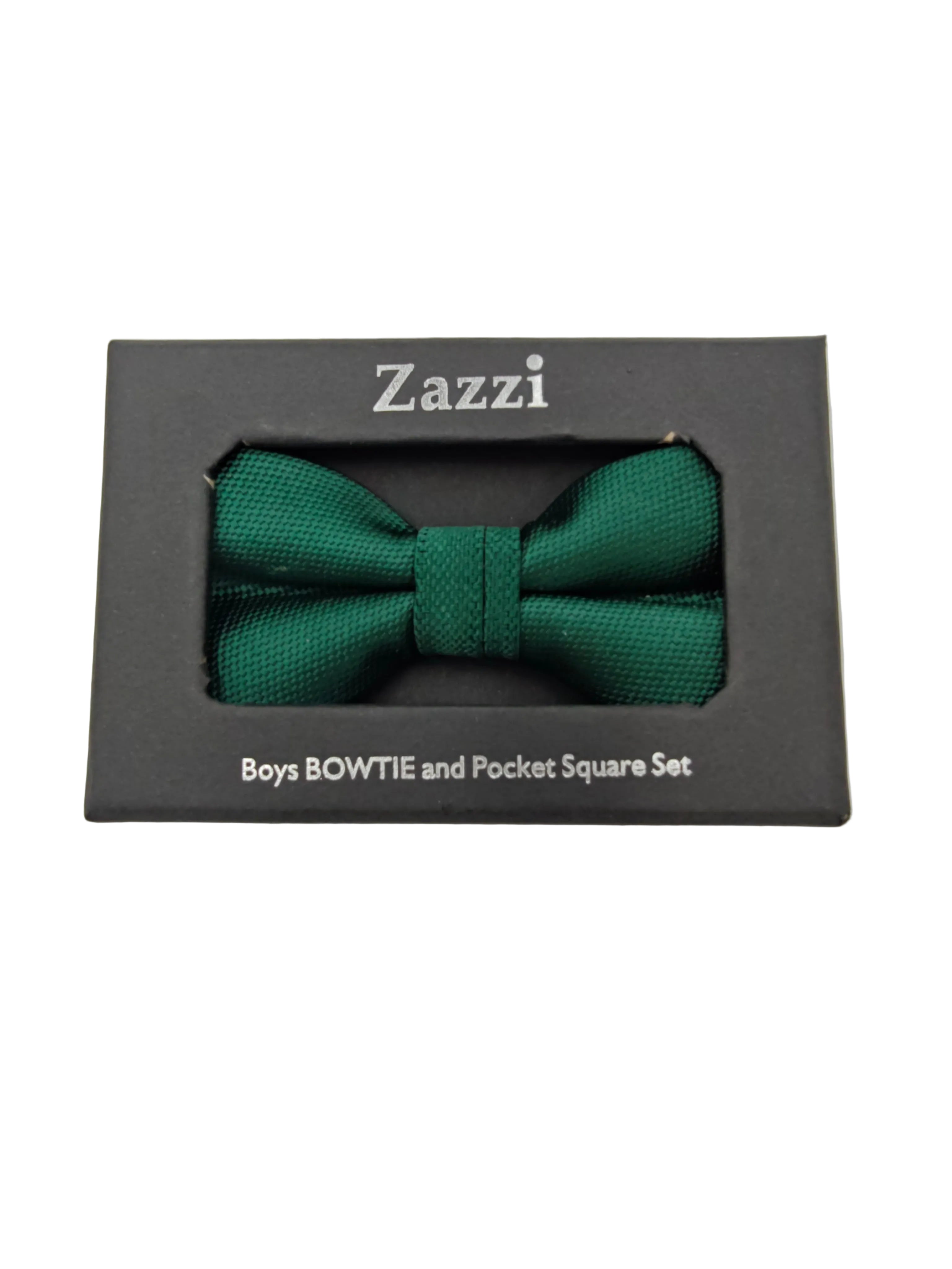Green bow tie and pocket square set in Zazzi packaging on a gray background