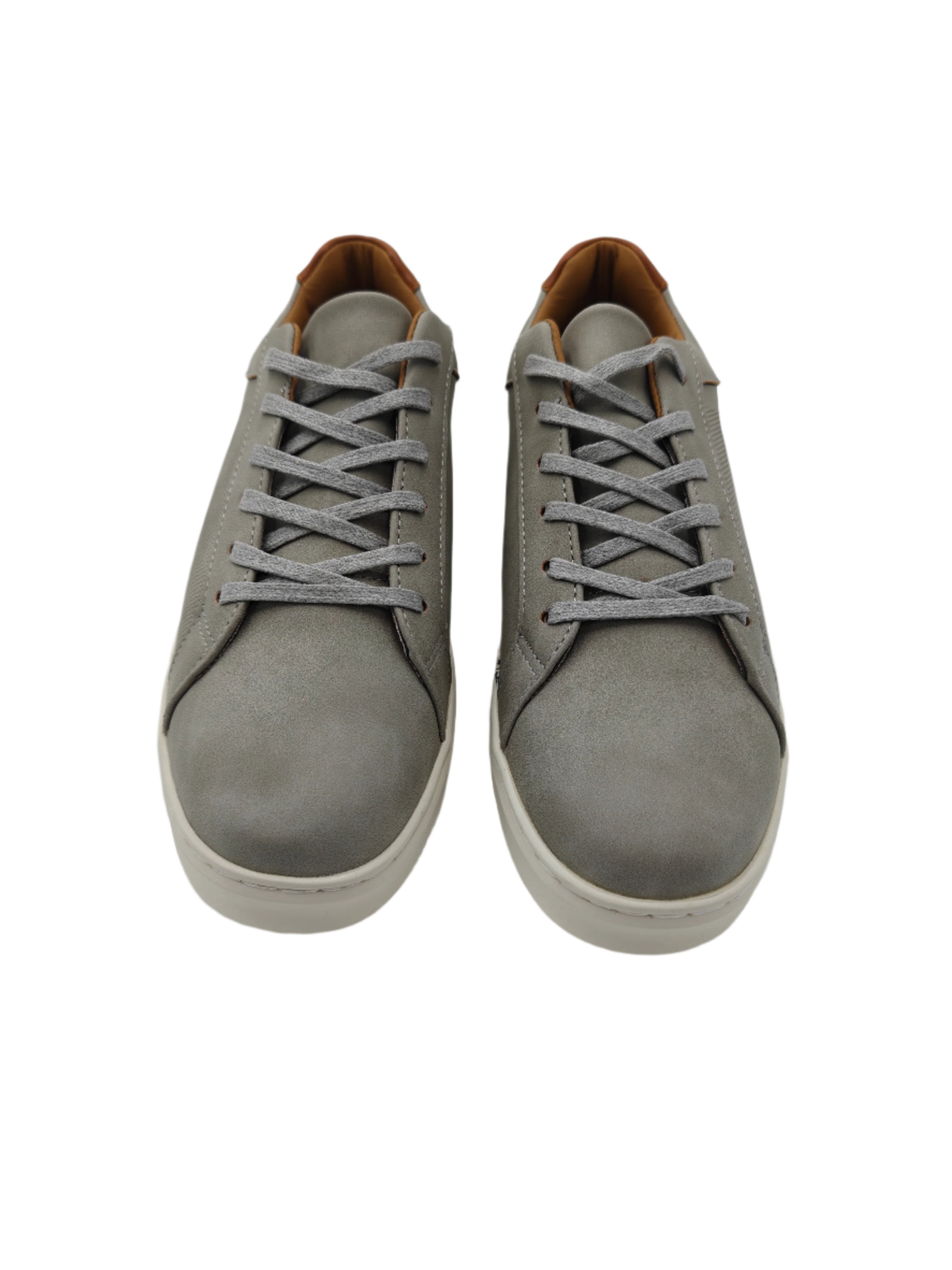 Pair of gray sneakers with brown accents on a white background