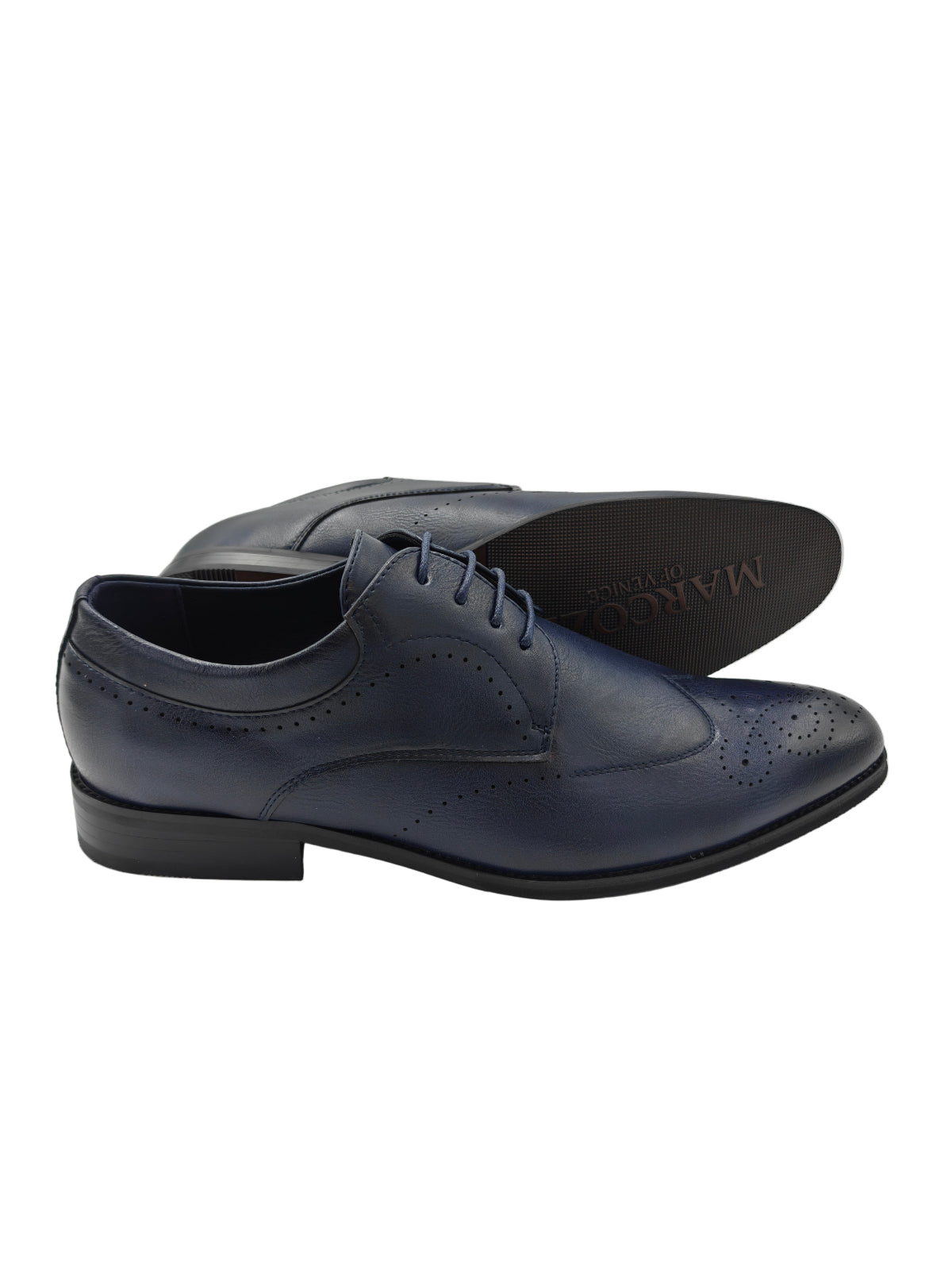 Pair of navy blue dress shoes on a white background