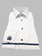 Collar detail of the William white stud button tuxedo shirt by Benetti