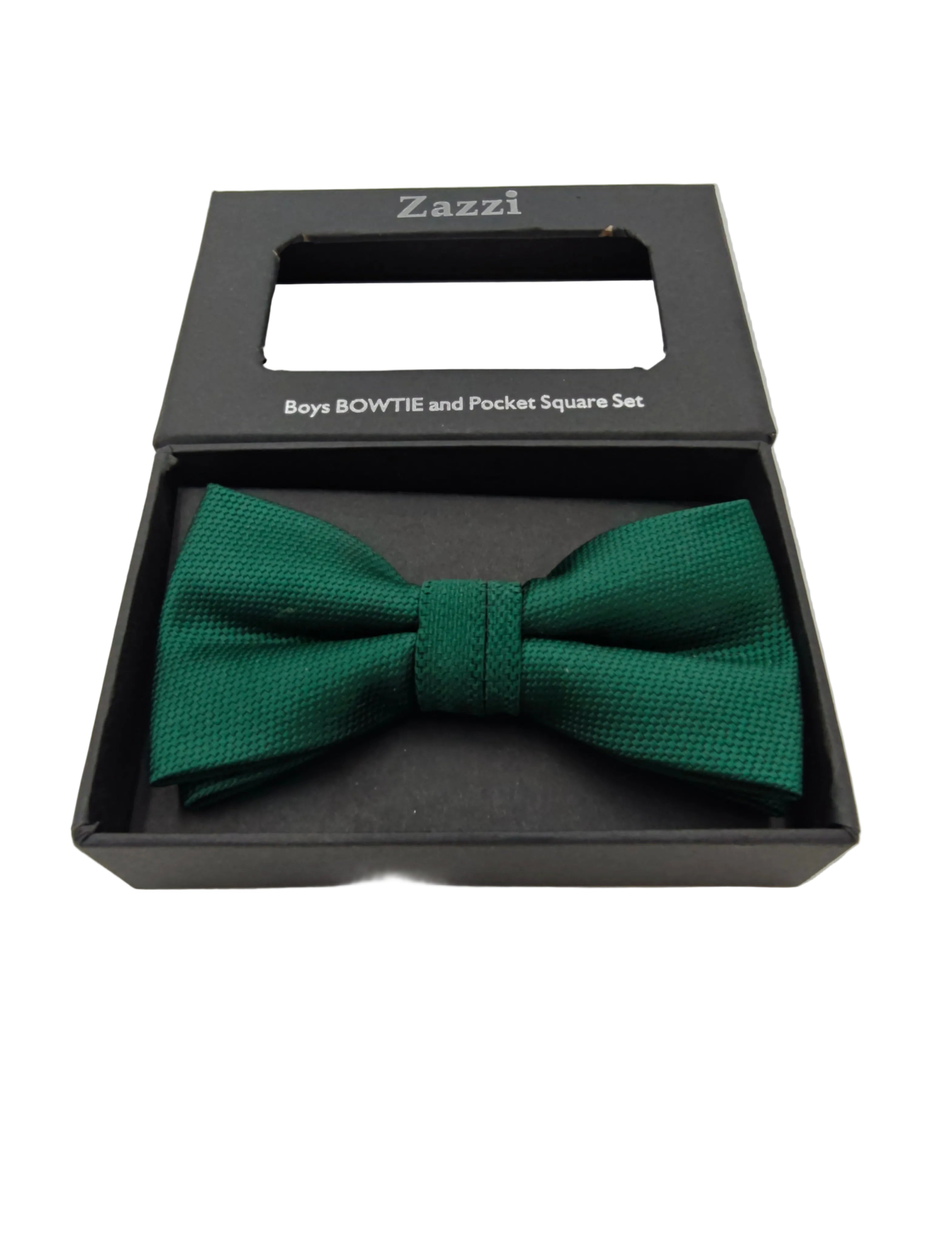 Green bow tie in a Zazzi packaging box on a white background
