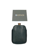 Bronze hip flask with green leather sleeve, close product view