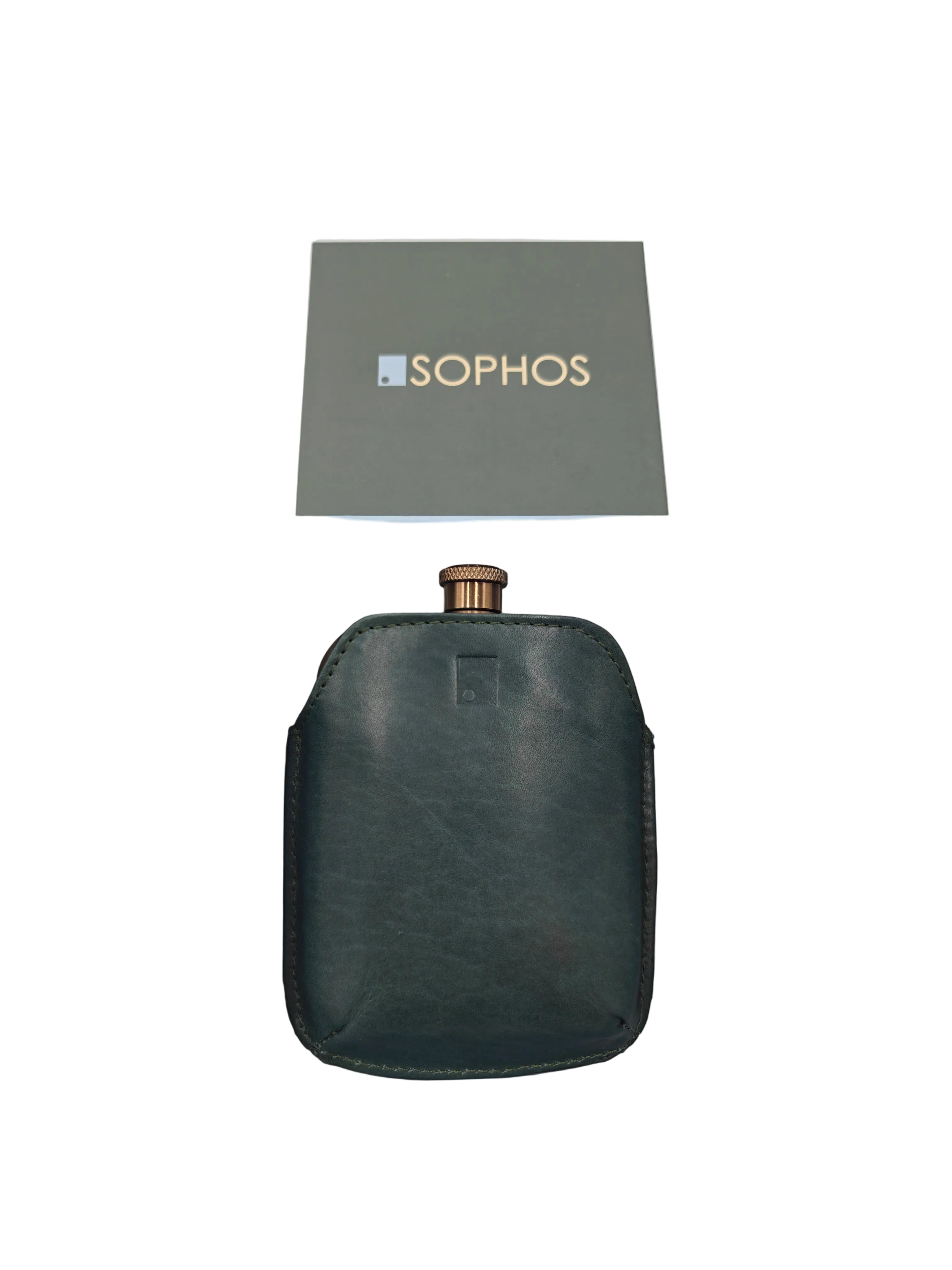Bronze hip flask with green leather sleeve, close product view