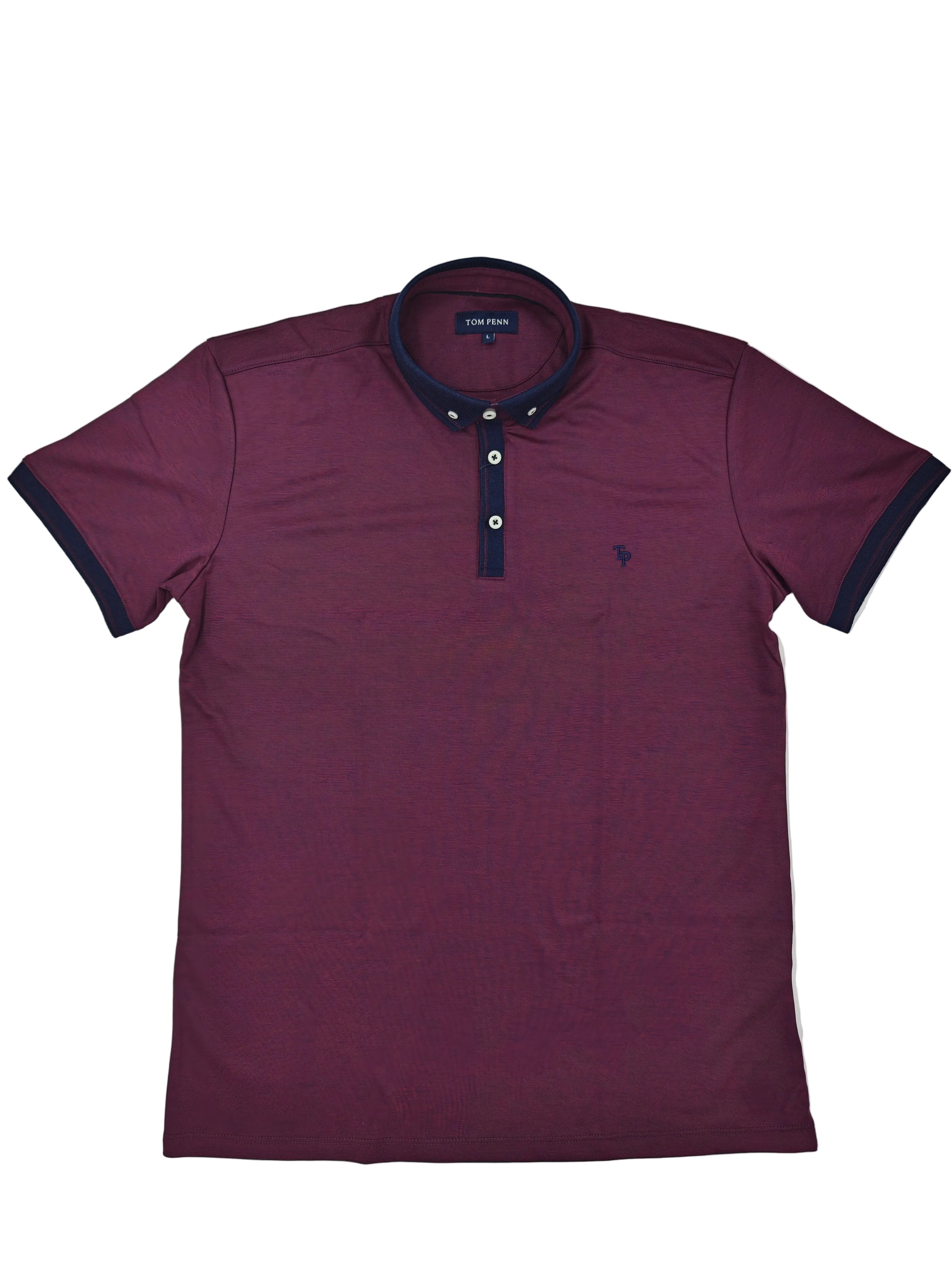 Full front view of Tom Penn men’s burgundy melange polo shirt with navy button-down collar