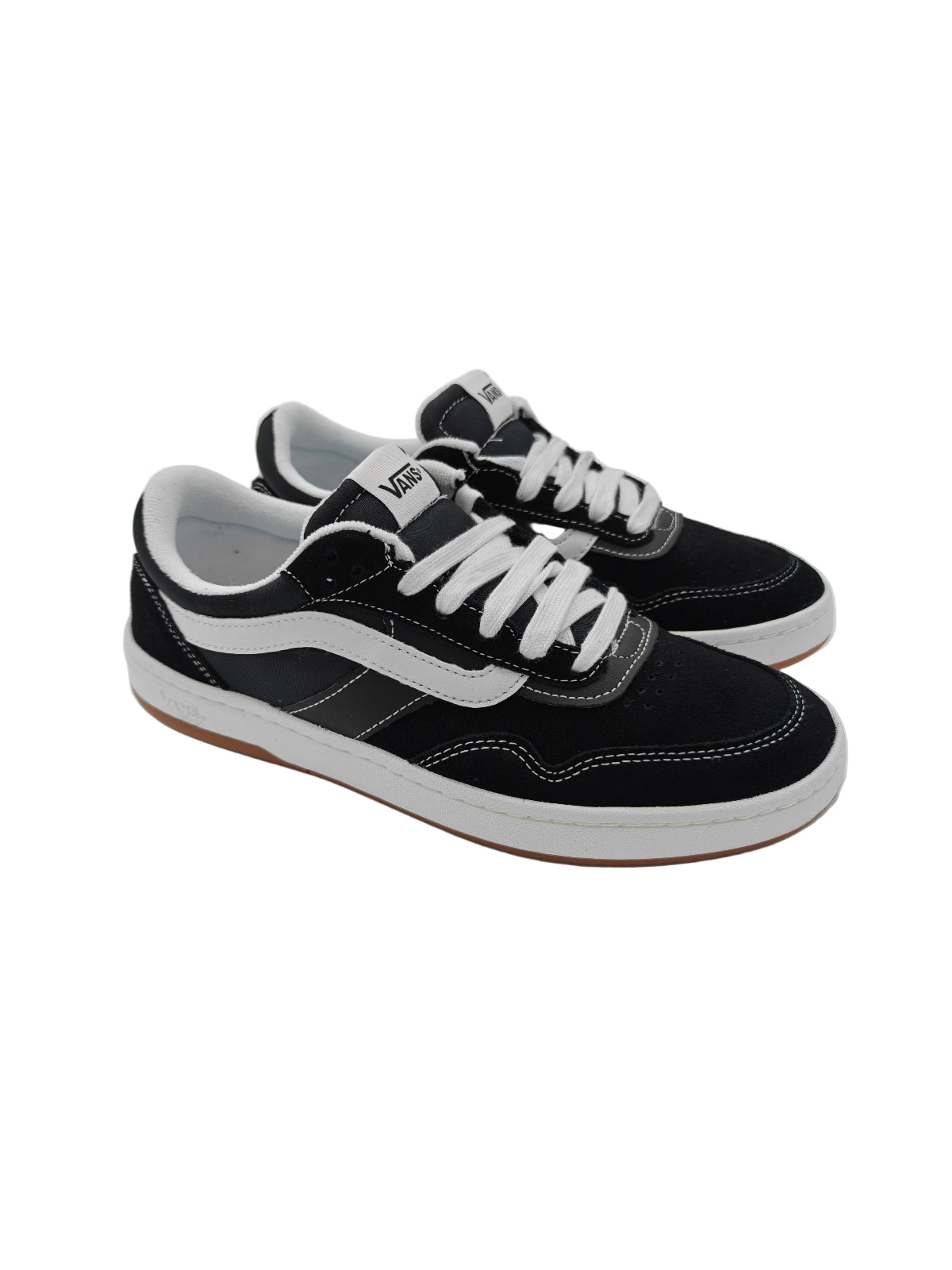 Black and white sneakers with Vans logo on a white background