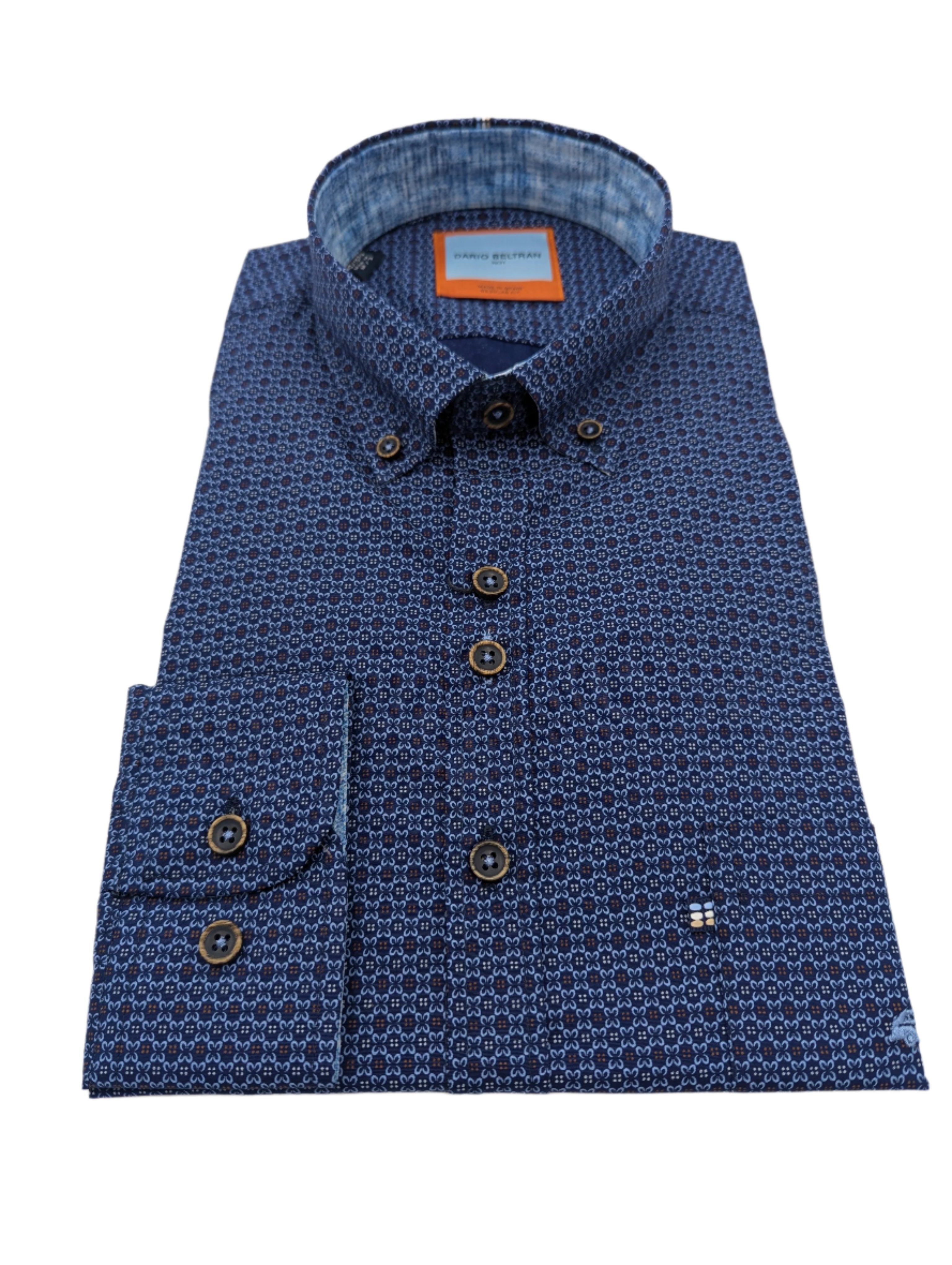 Dario Beltran Navy/Blue/Rust Print Shirt-Close up