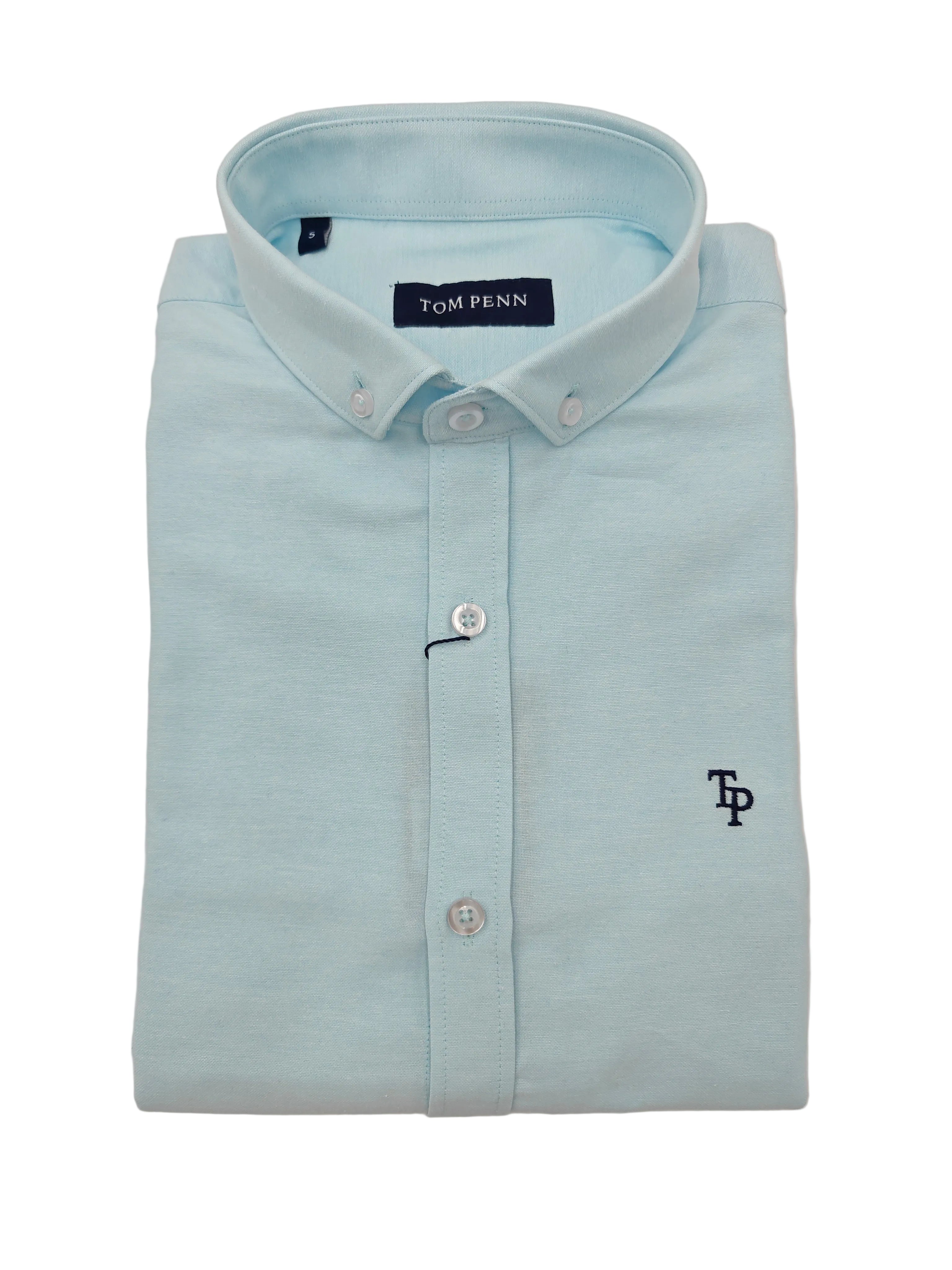Ocean blue button-up shirt with collar and brand logo on a light gray background