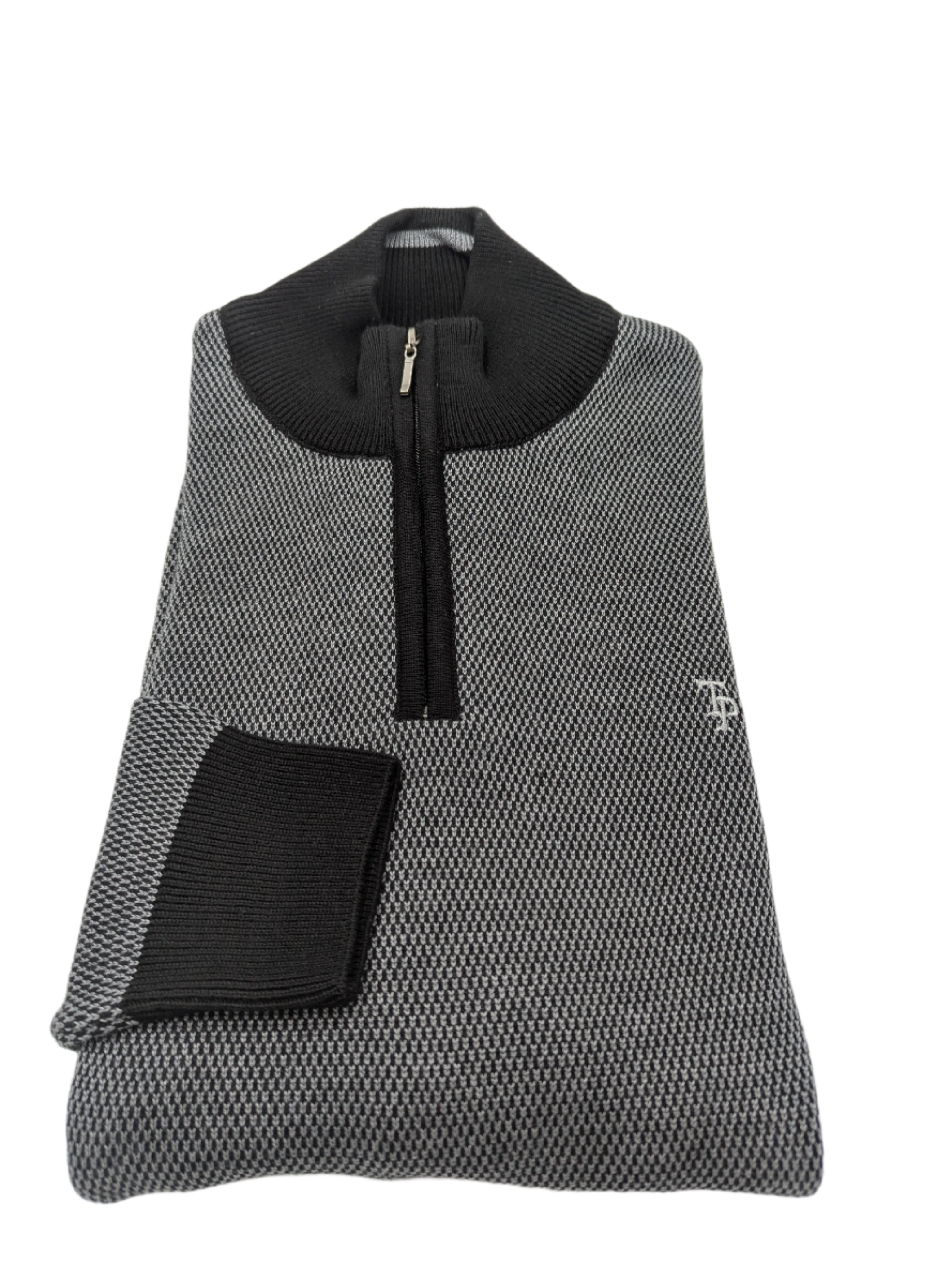 Knitted Black/Grey 1/4 Zip Jumper-Zip view