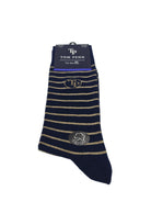 Angled view of Tom Penn navy and tan striped sock showing TP logo and cotton label