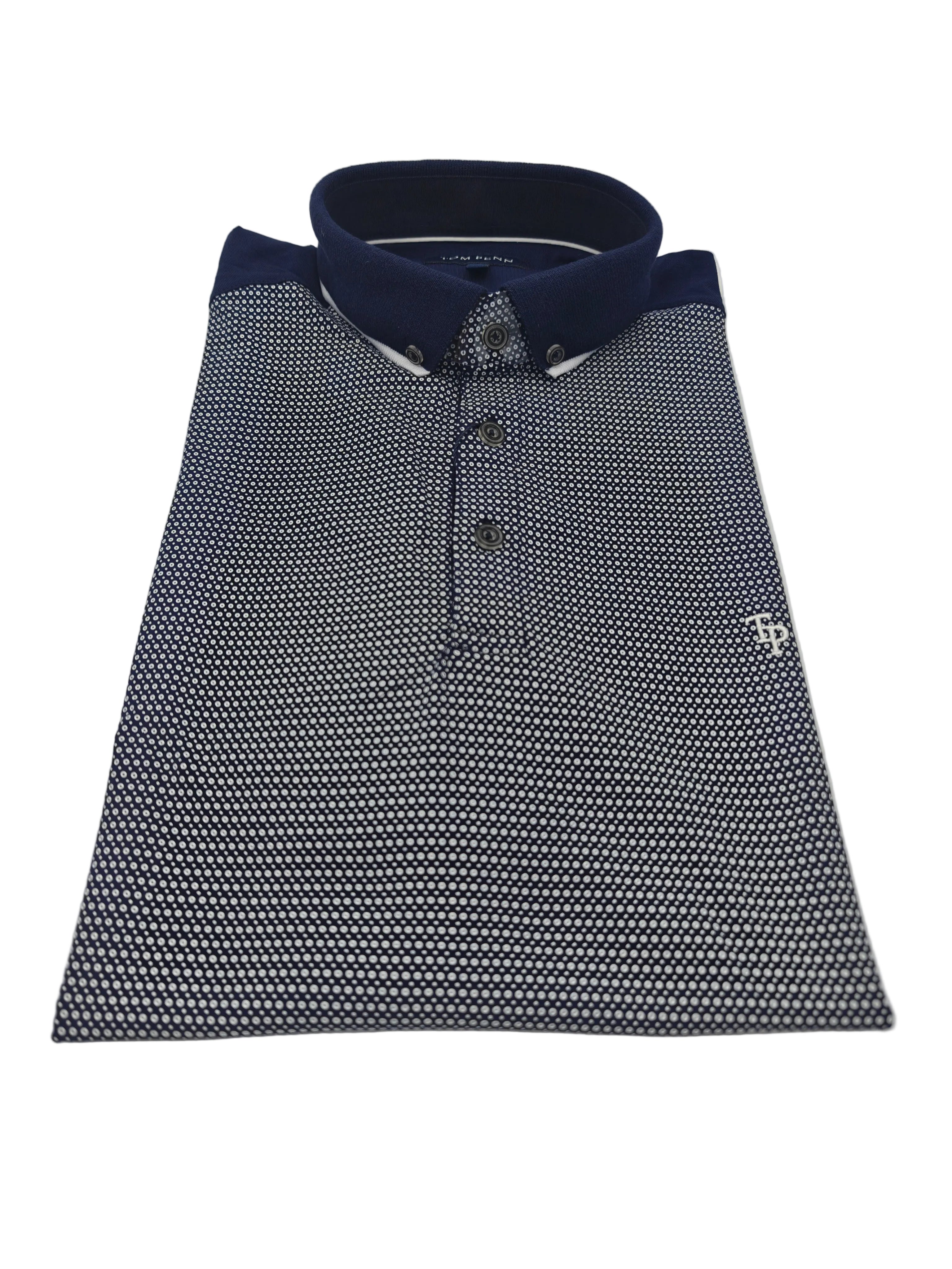 Close front view of Tom Penn men’s navy micro-dot polo shirt with embroidered chest logo