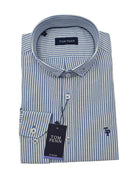Close-up of Tom Penn men’s blue and white striped shirt collar and embroidered chest logo