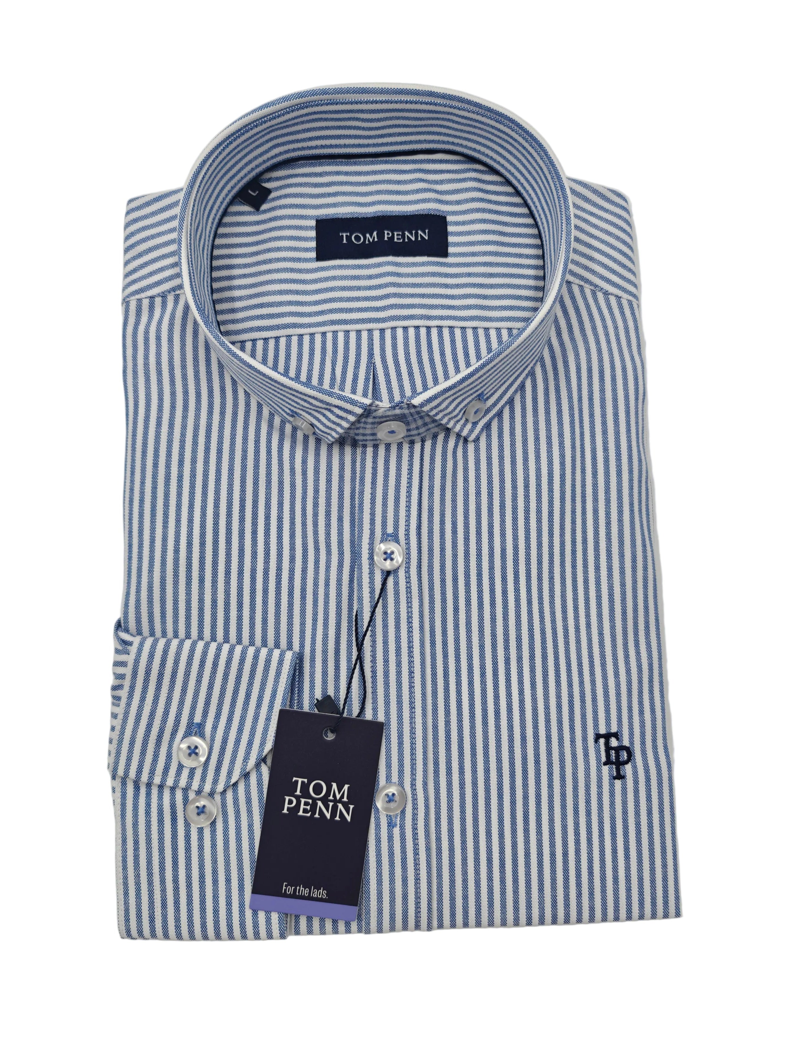 Close-up of Tom Penn men’s blue and white striped shirt collar and embroidered chest logo