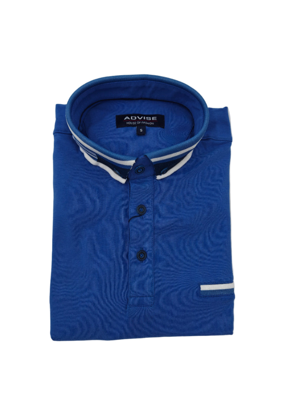 Folded blue polo shirt with white trim on a gray background