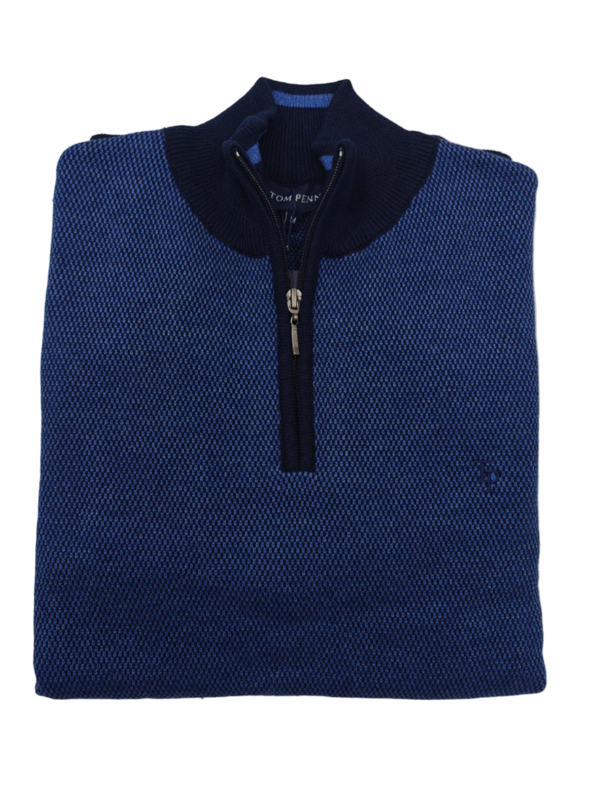 Folded blue sweater with a zipper on a light gray background