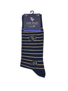 Front view of Tom Penn men’s Navy Tan striped socks with woven TP logo