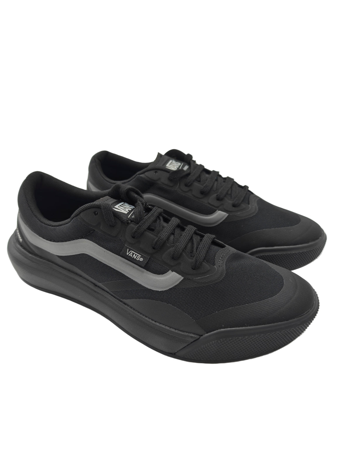 Black Vans sneakers on a white background