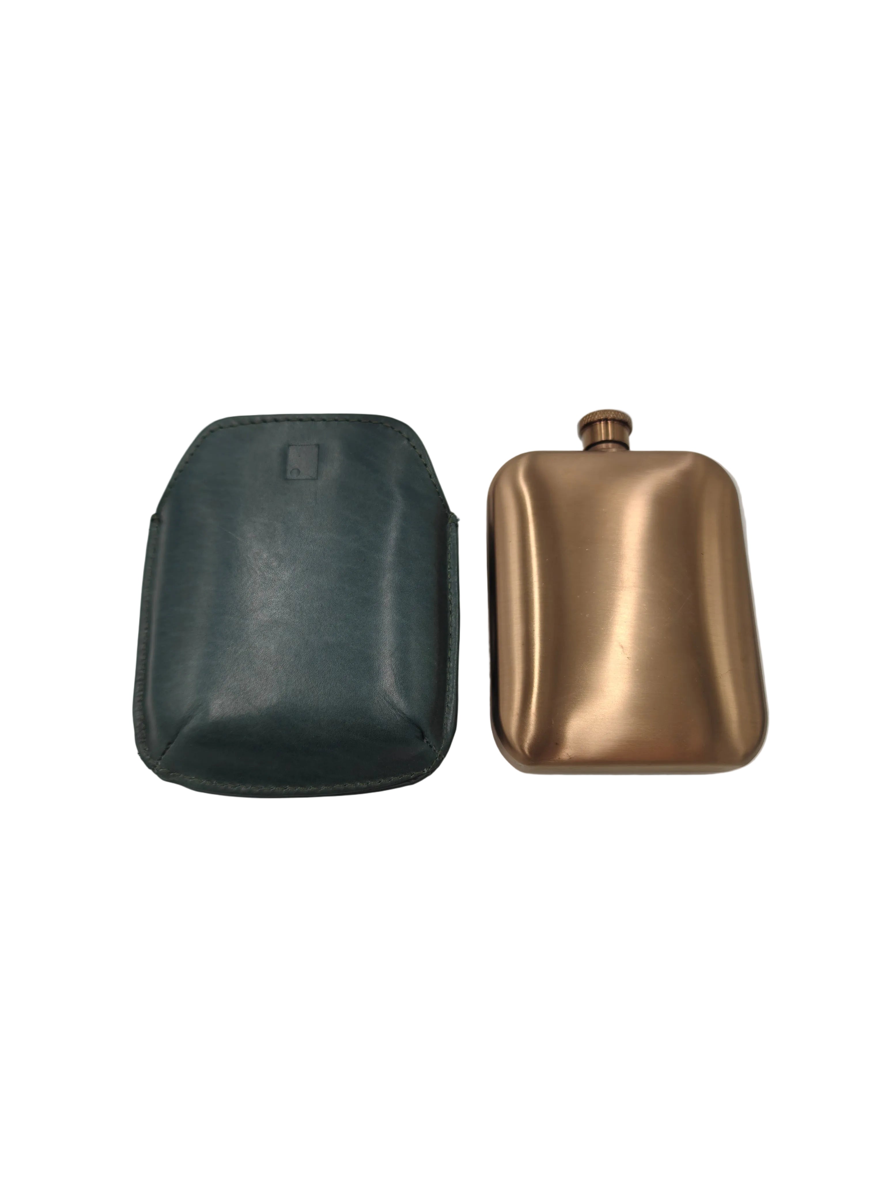 Bronze hip flask with green leather sleeve, product view