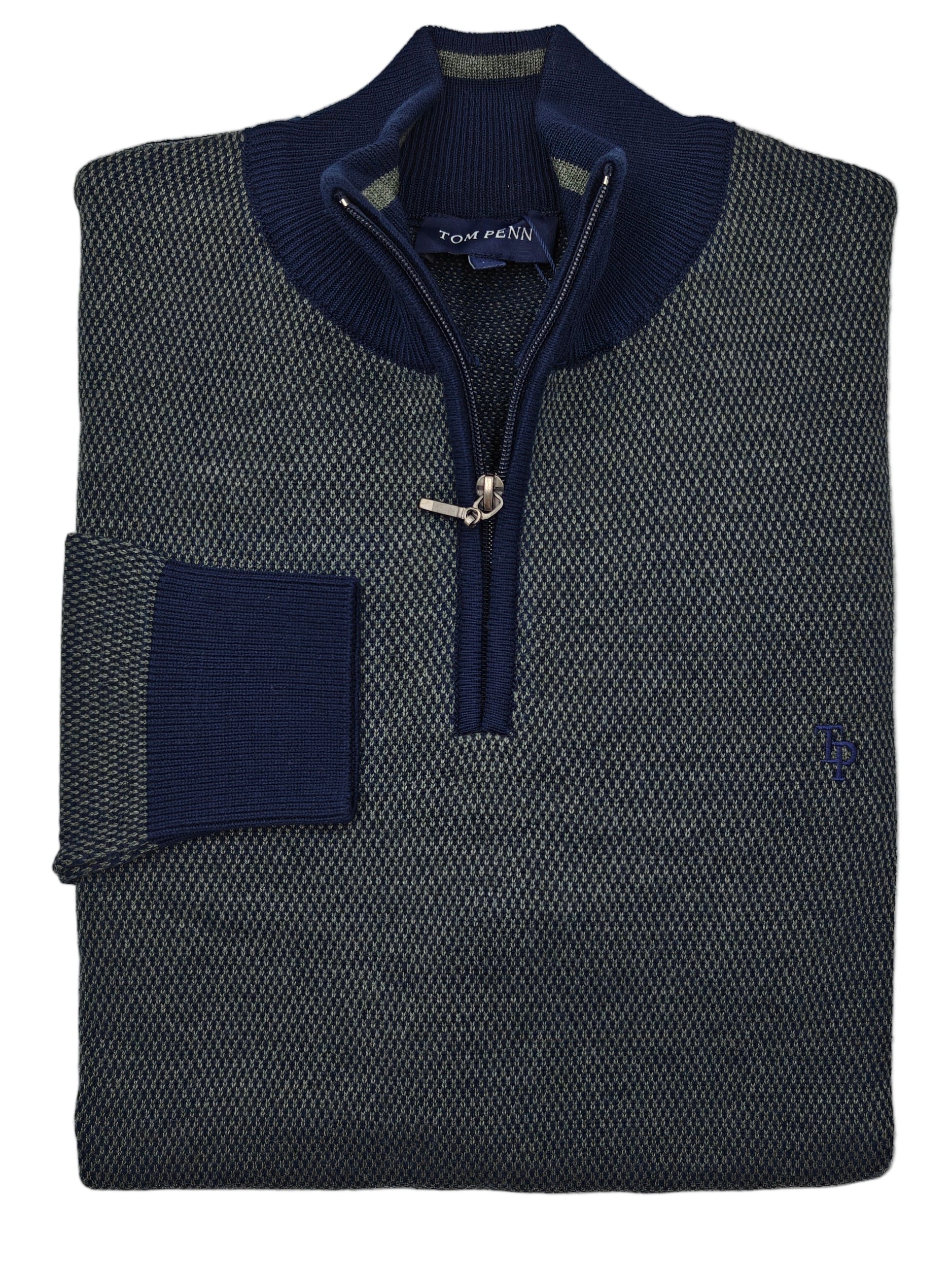 Knitted Navy/Olive 1/4 Zip Jumper on a white background