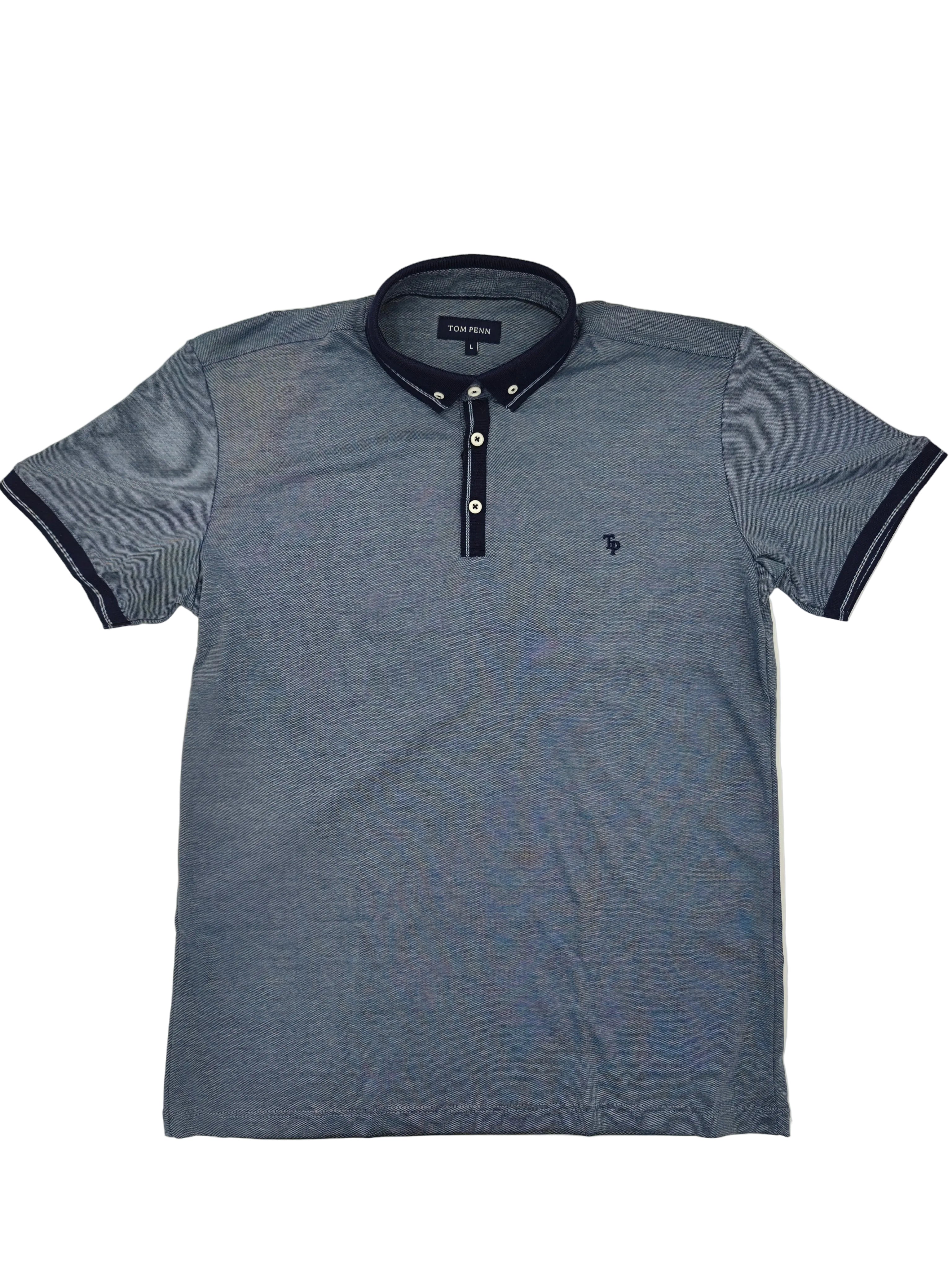 Full front view of Tom Penn men’s denim blue melange polo shirt with navy tipped cuffs and chest logo