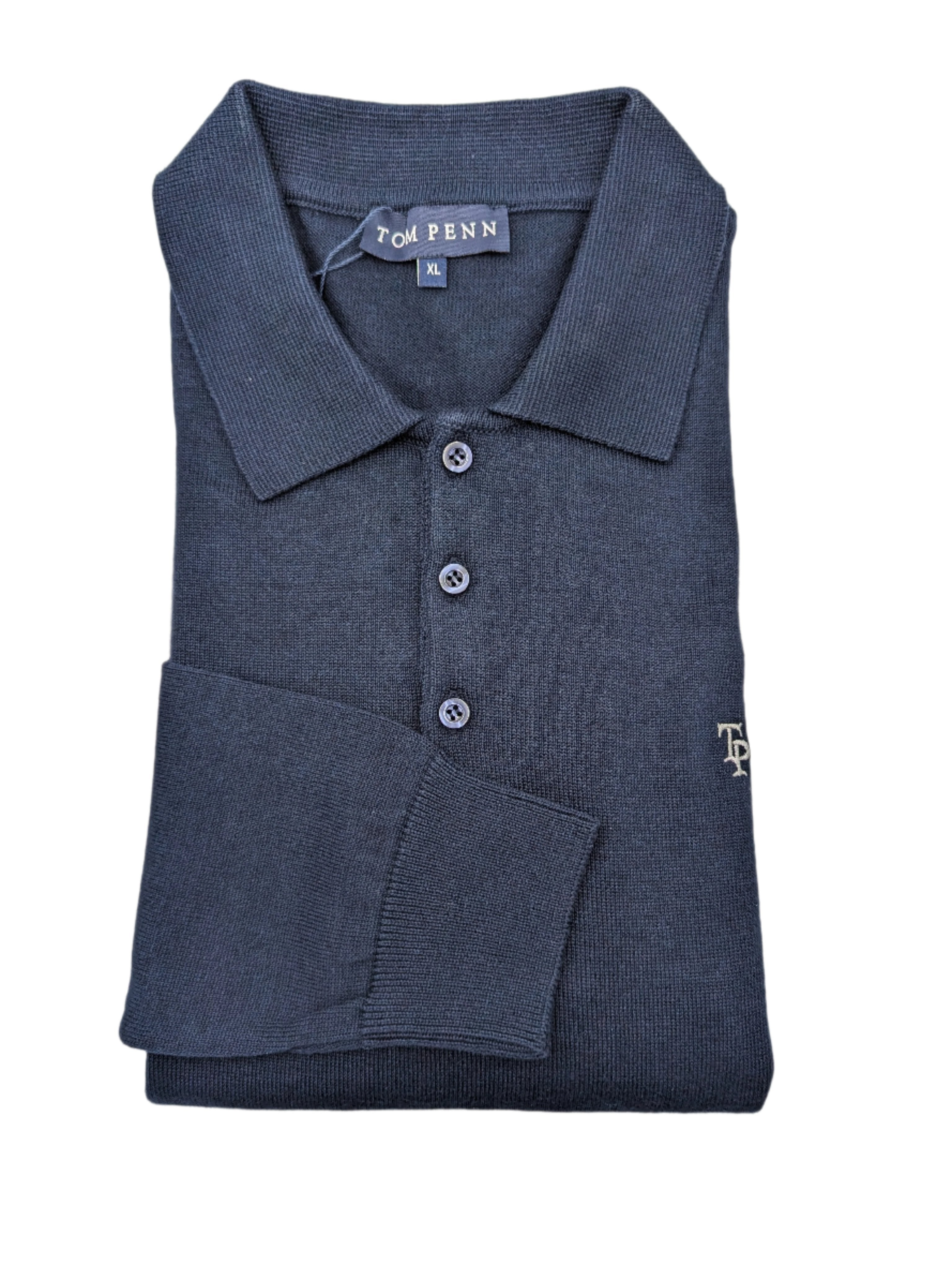 Tom Penn Navy Knitted Polo Shirt-Close up 