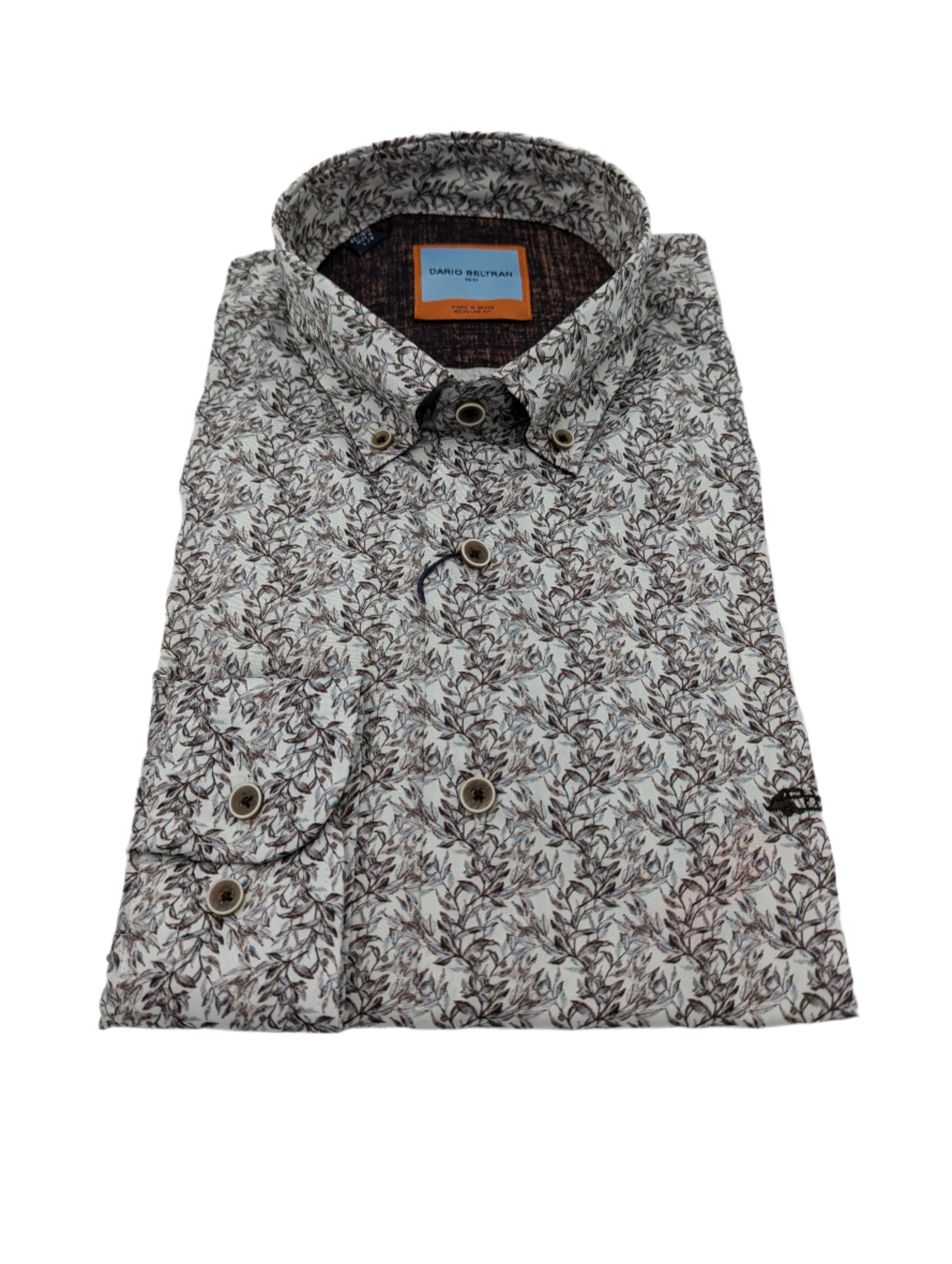 Dario Beltran Brown Leaf Print Shirt-Close up view