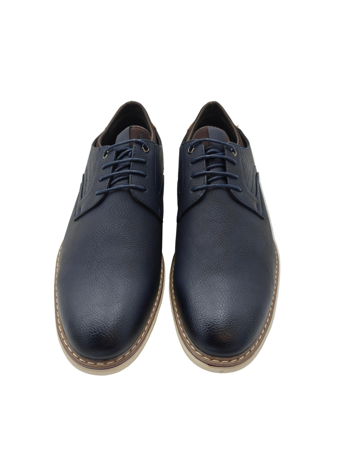 Pair of navy blue leather shoes on a white background