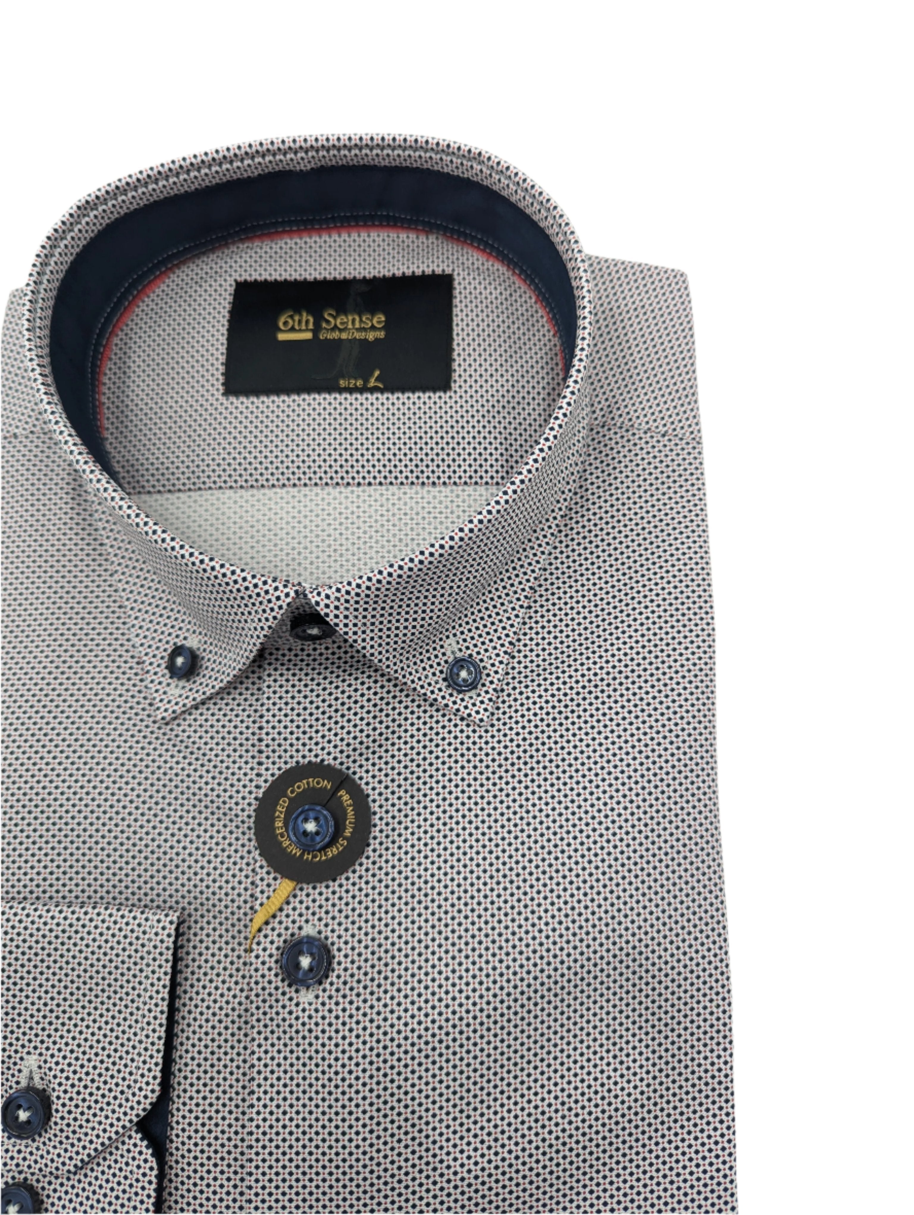 Button Down White Navy Pattern Shirt-Print detail