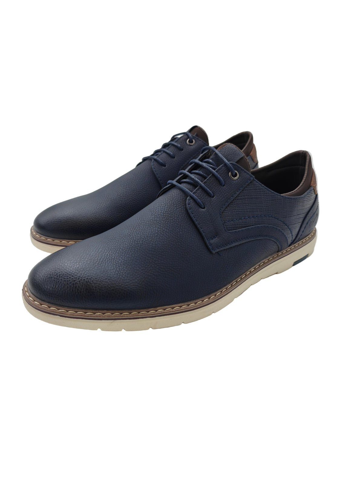 Pair of navy blue leather shoes on a white background