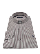 Front detail of Tom Penn men’s burgundy striped shirt with button cuffs and pearlescent buttons