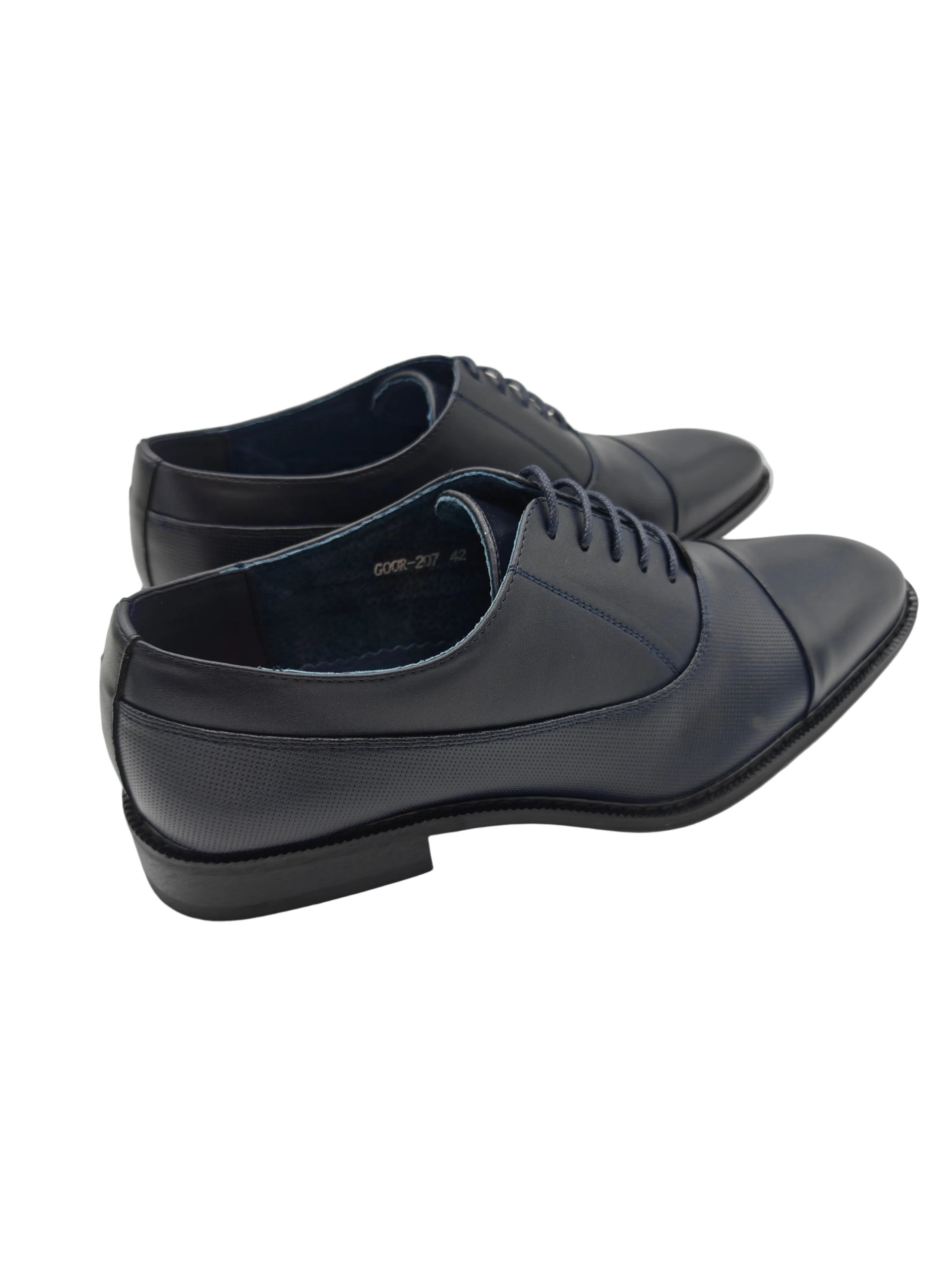 Back angled view of Goor men's navy Oxford dress shoes with low heel