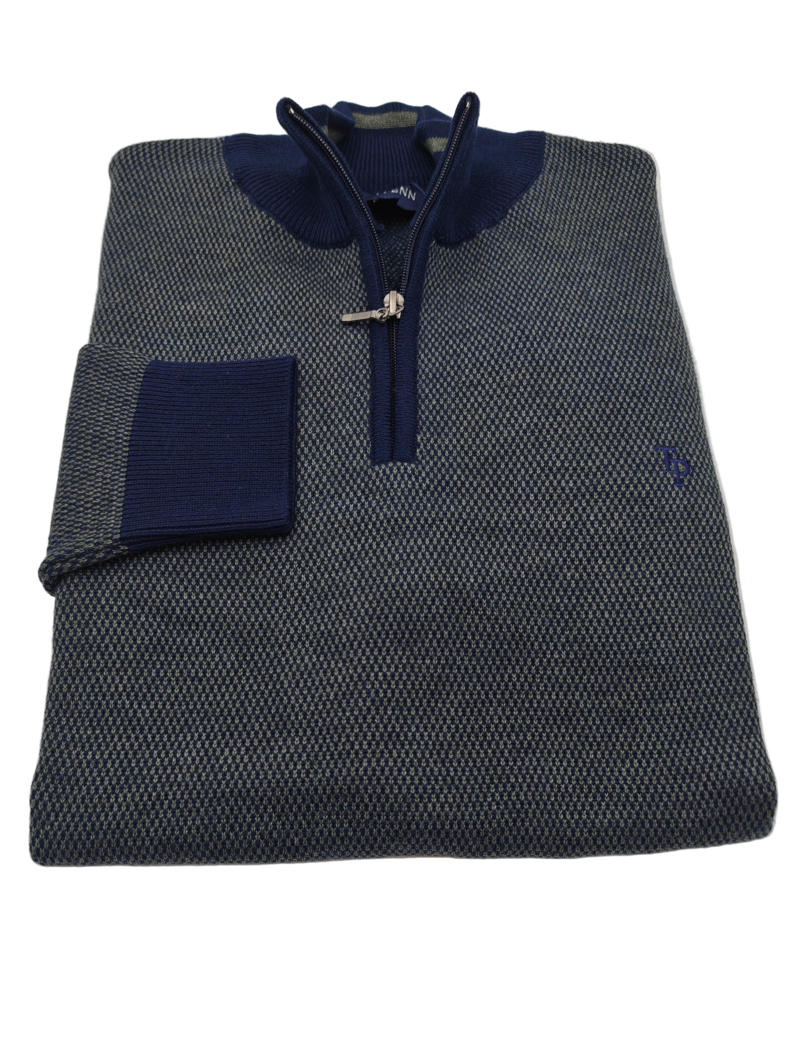 tom penn Knitted Navy/Olive 1/4 Zip Jumper Navy/Olive model front view