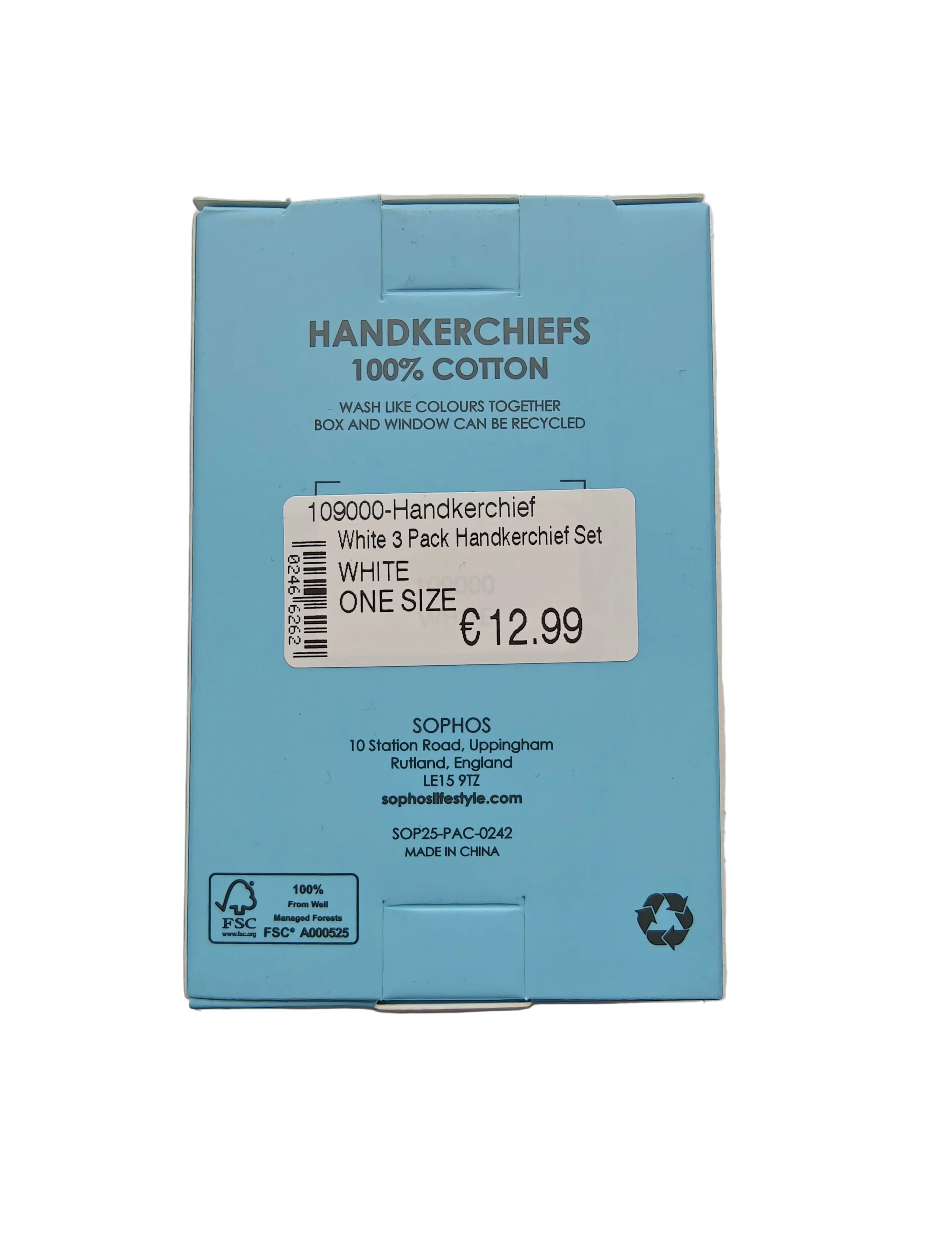 Back of Sophos men's white cotton handkerchiefs box with care details