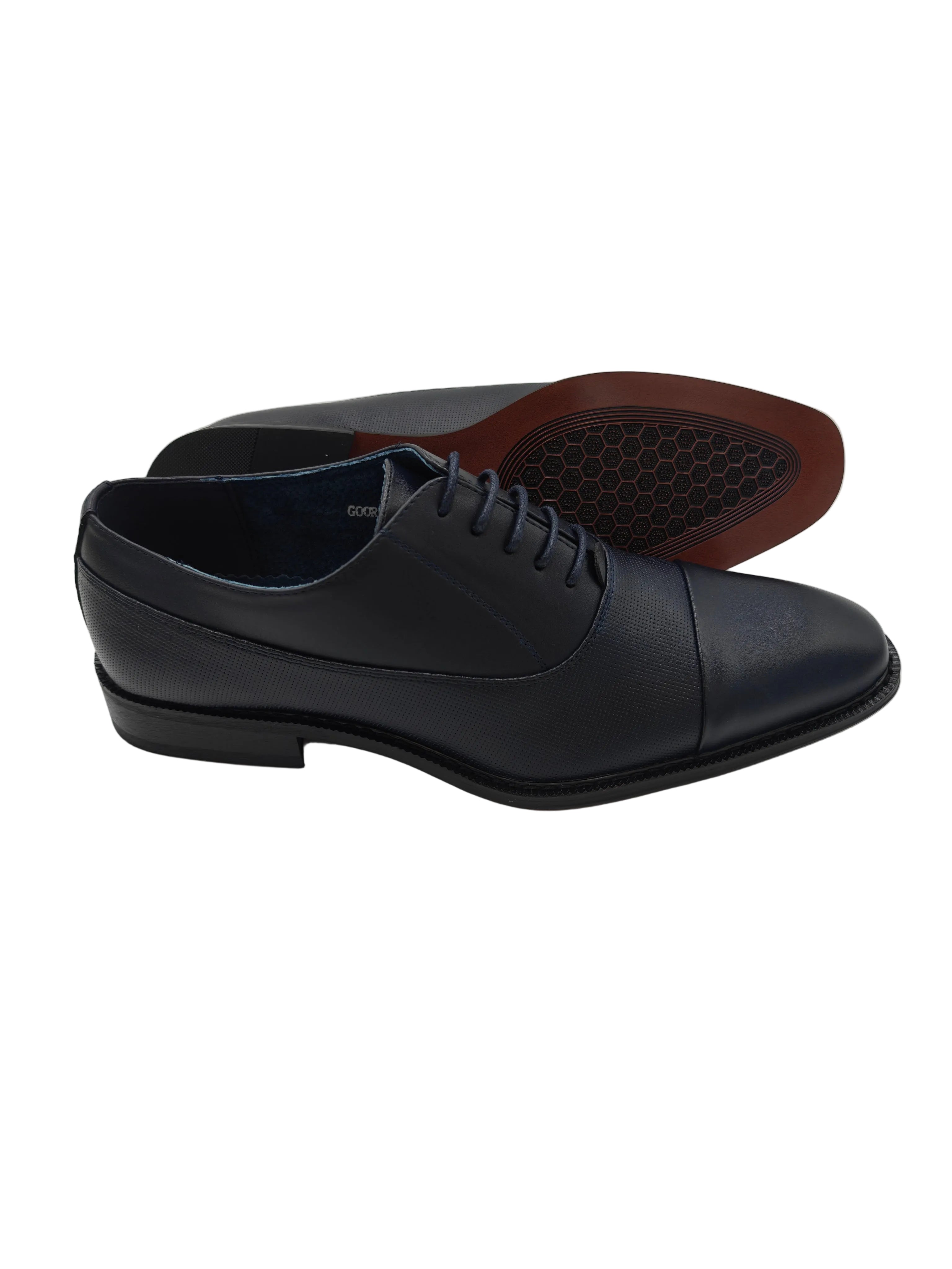 Side view of Goor men's navy Oxford dress shoe with textured upper and toe cap