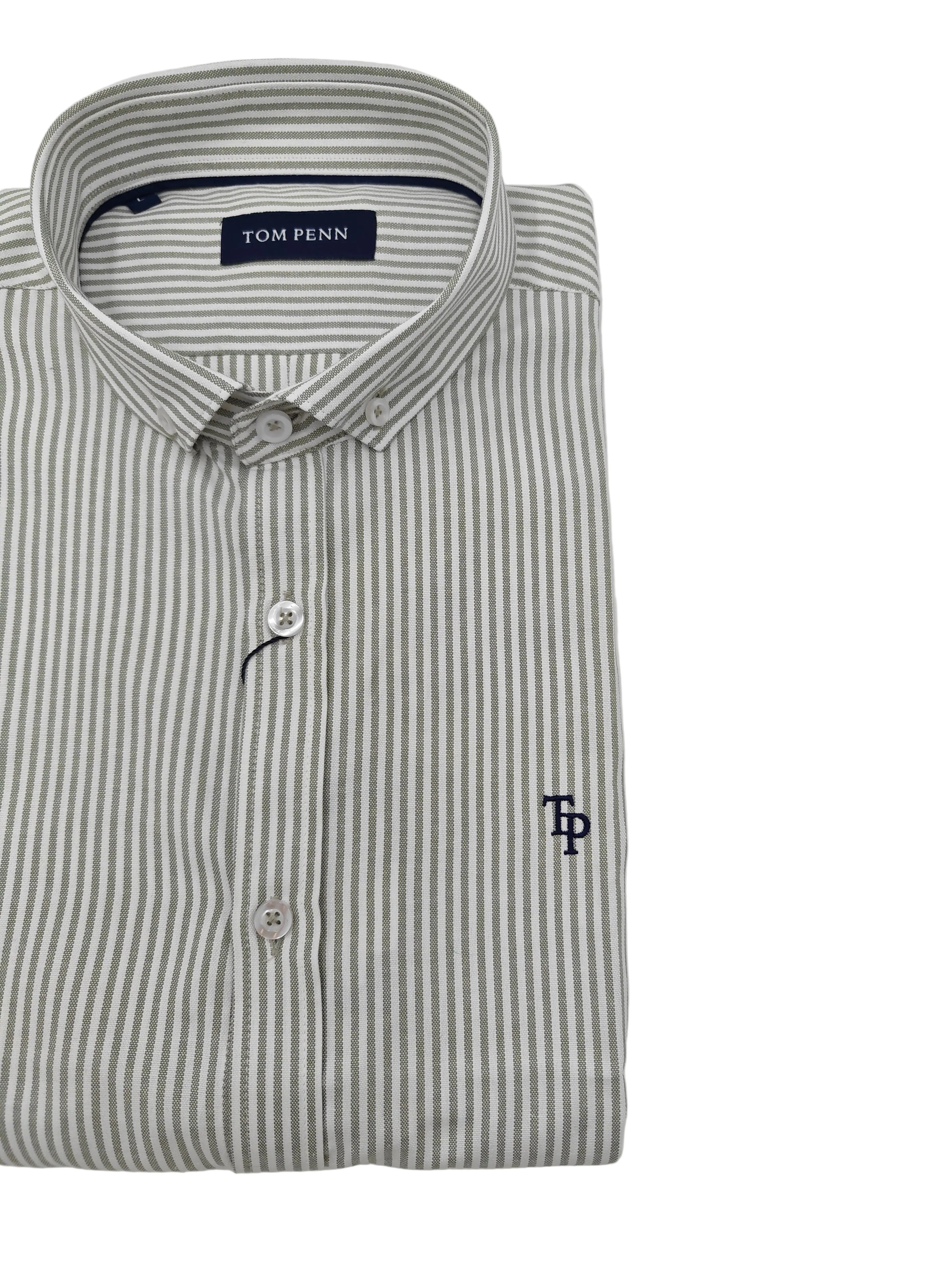 Folded green and white striped shirt with 'Tom Penn' label on a light gray background