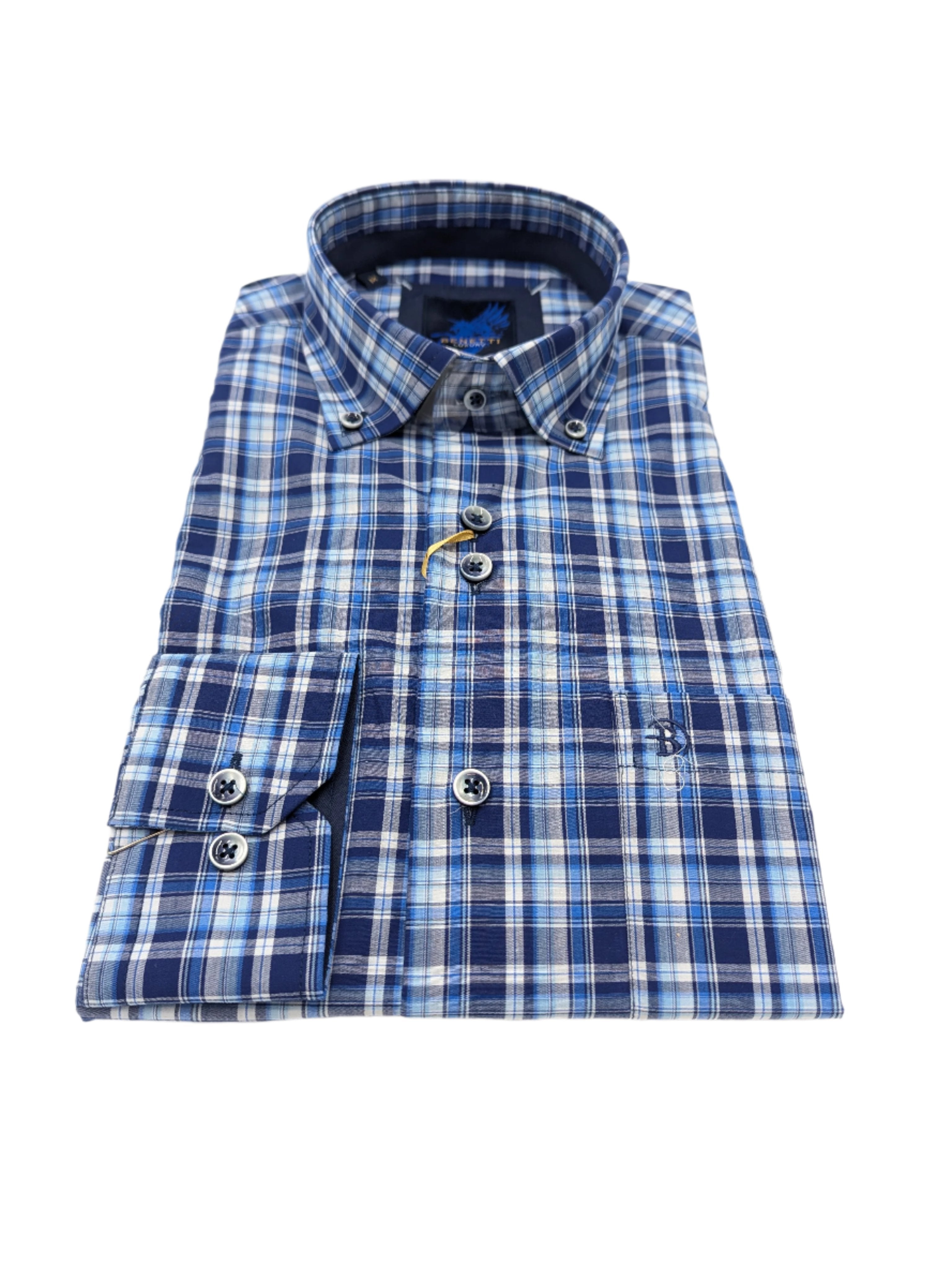 Men's Victor Navy Check Long Sleeve Shirt-Collar view