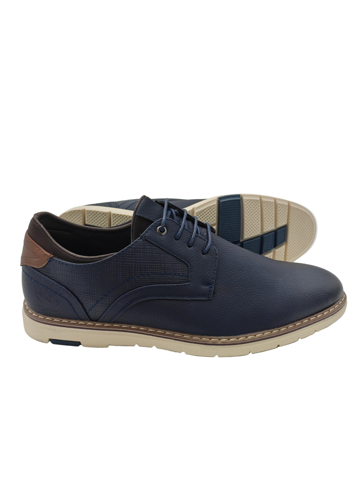 Navy blue casual shoe with beige sole on a white background