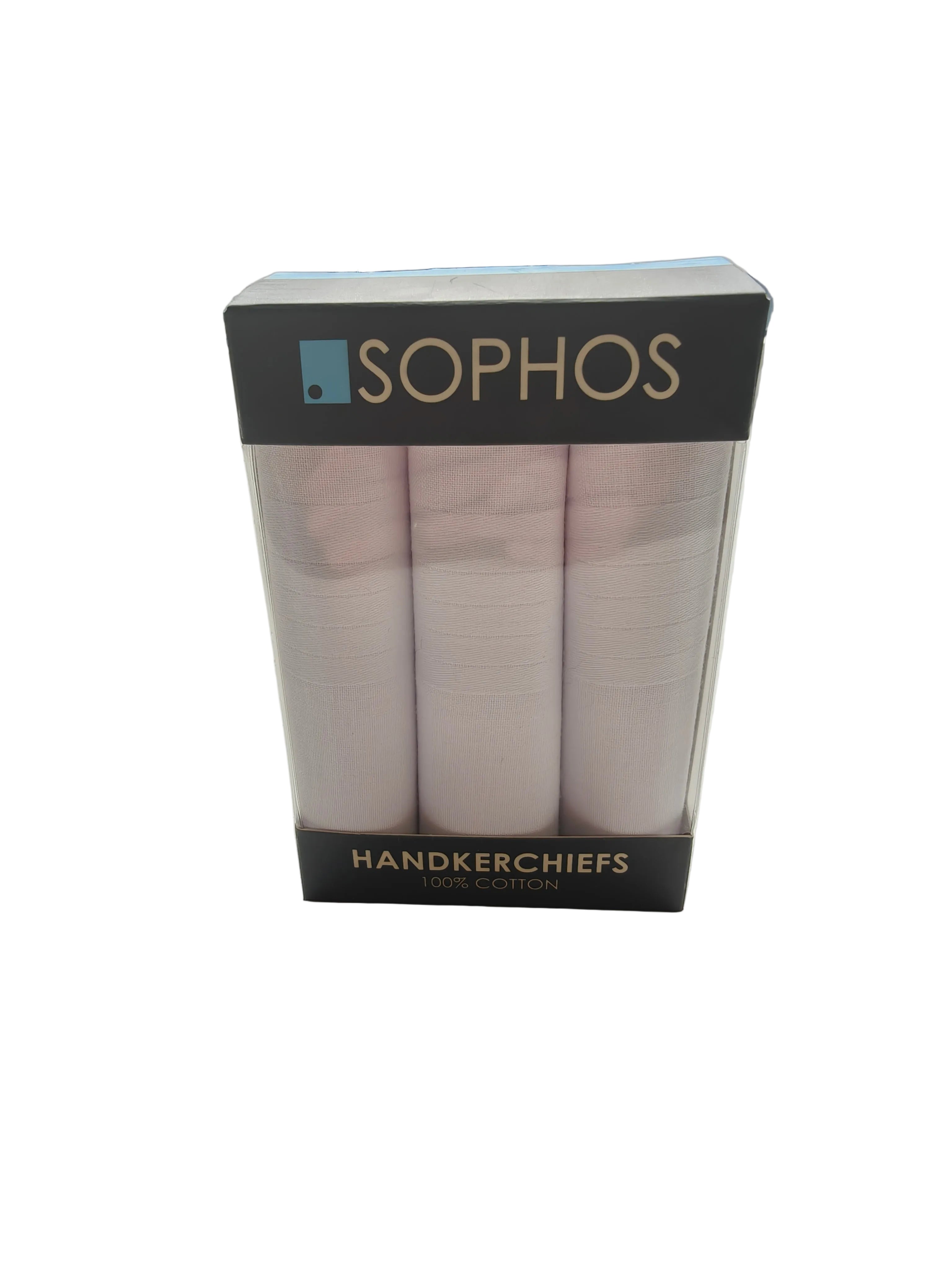 Sophos men's white cotton handkerchiefs boxed set angled view