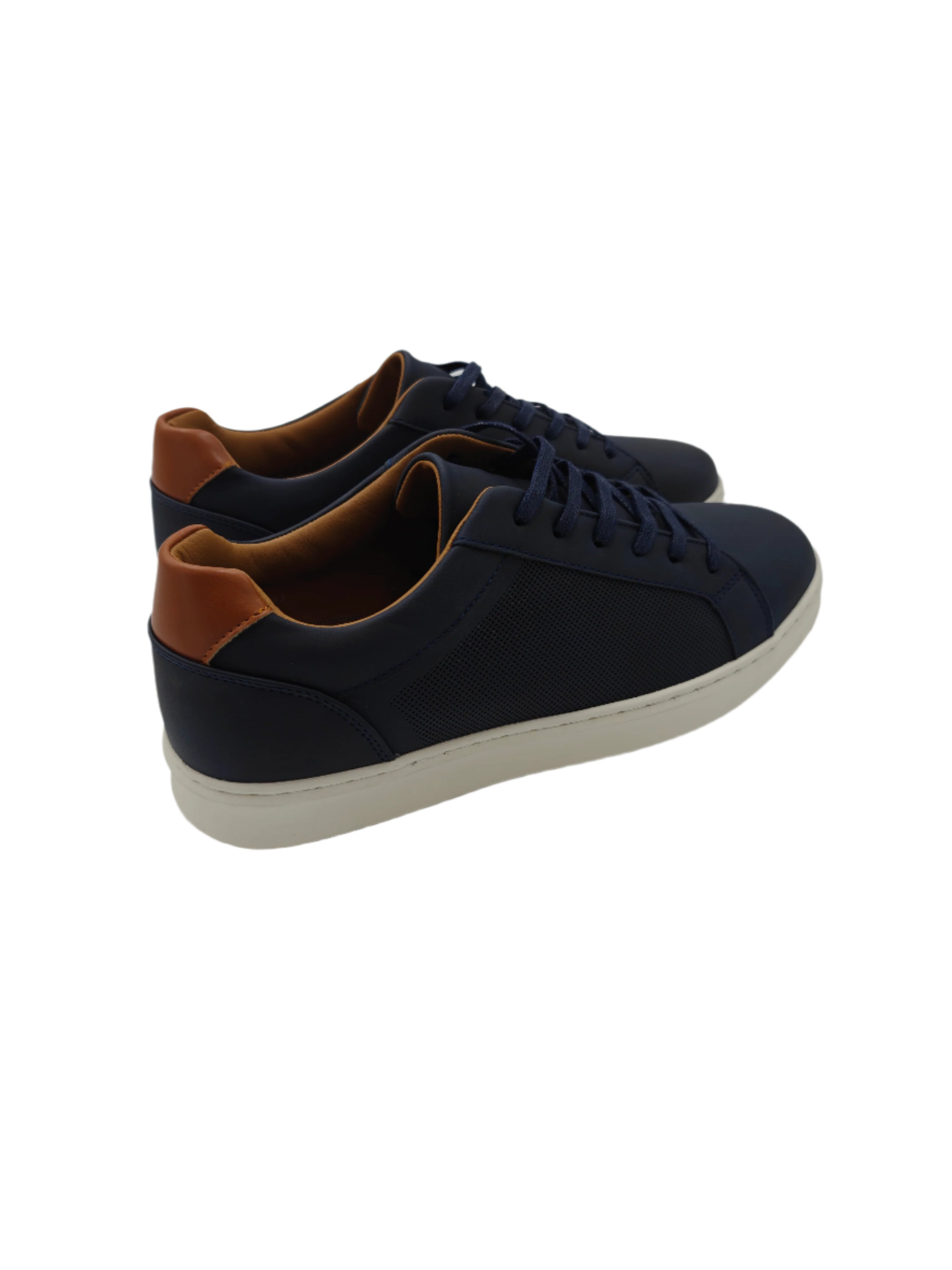 Pair of navy sneakers with brown accents on a white surface