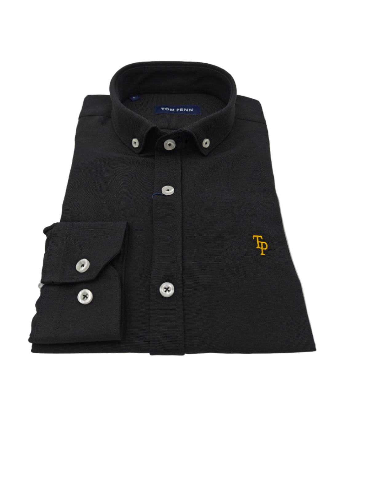 Folded black shirt with a logo on a white background
