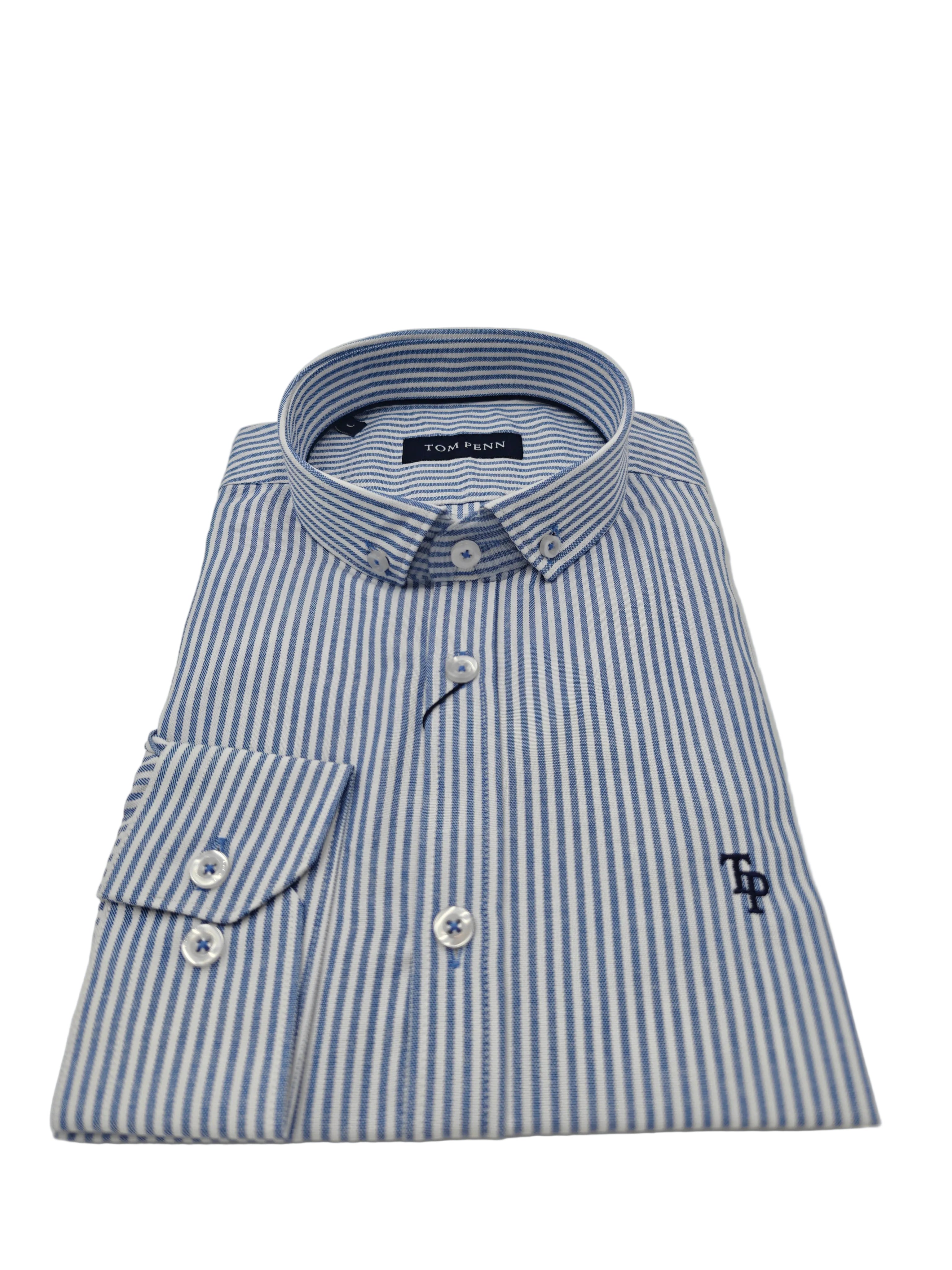 Folded front view of Tom Penn men’s royal blue and white striped shirt with button-down collar and TP logo