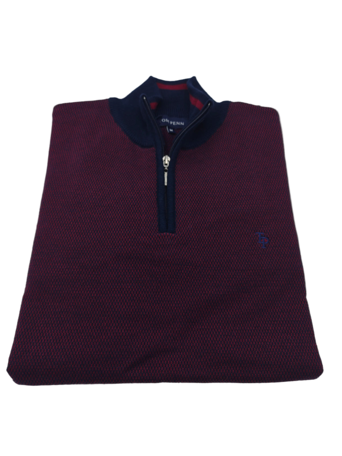 Folded maroon quarter-zip sweater with brand logo on a light gray background