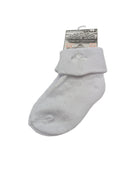 Close-up of baby white christening socks with white cross detail