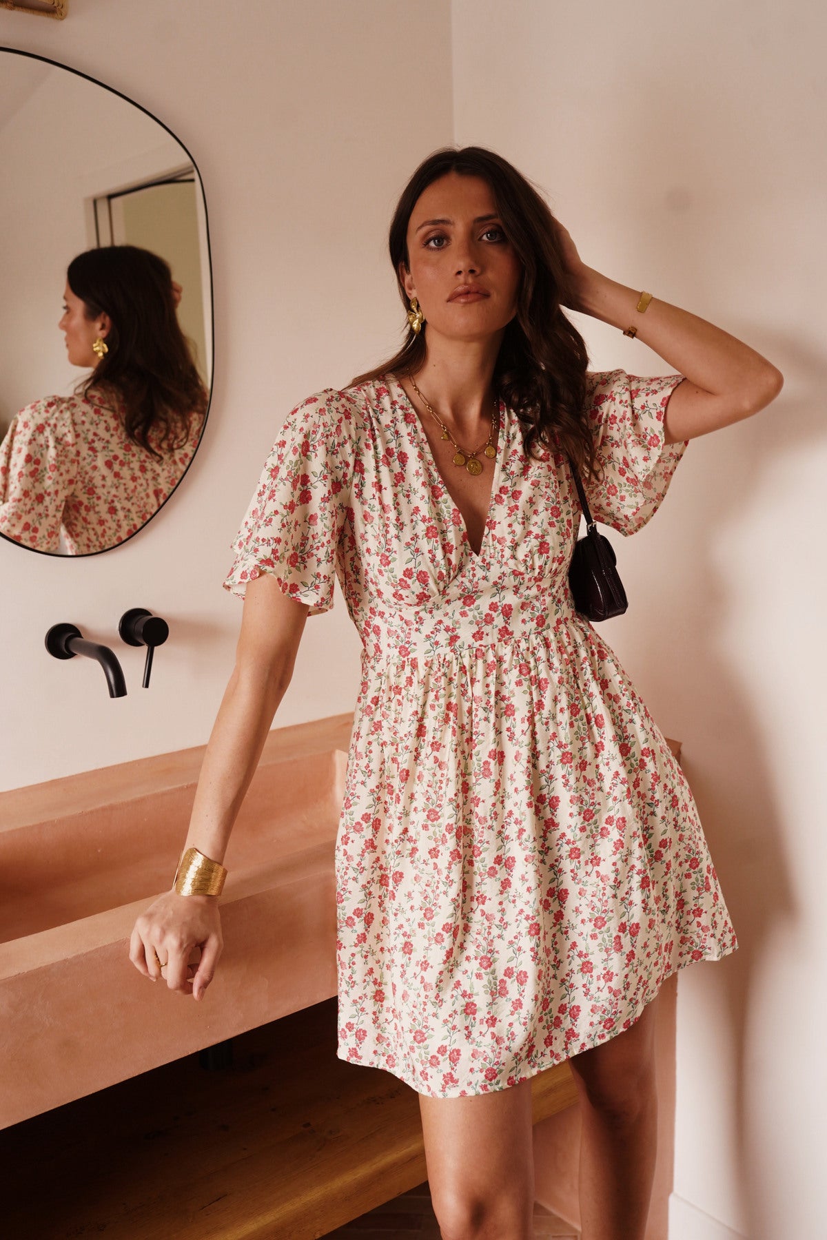 Ladies Floral Cream/Red Floral Mini Dress-Model Front View