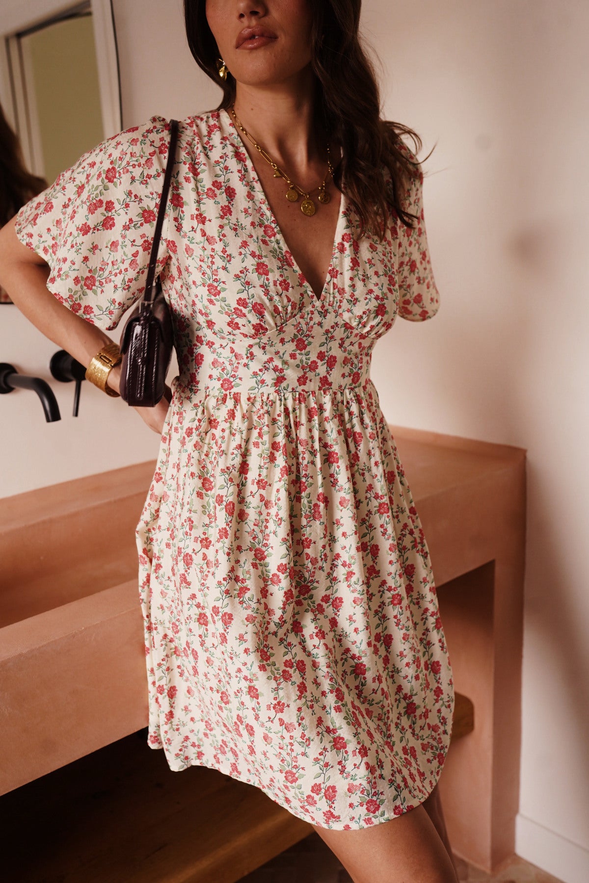 Ladies Floral Cream/Red Floral Mini Dress-Closer View of Dress