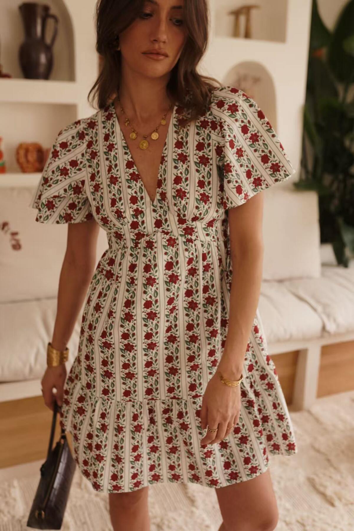 Close-up front detail of floral mini dress